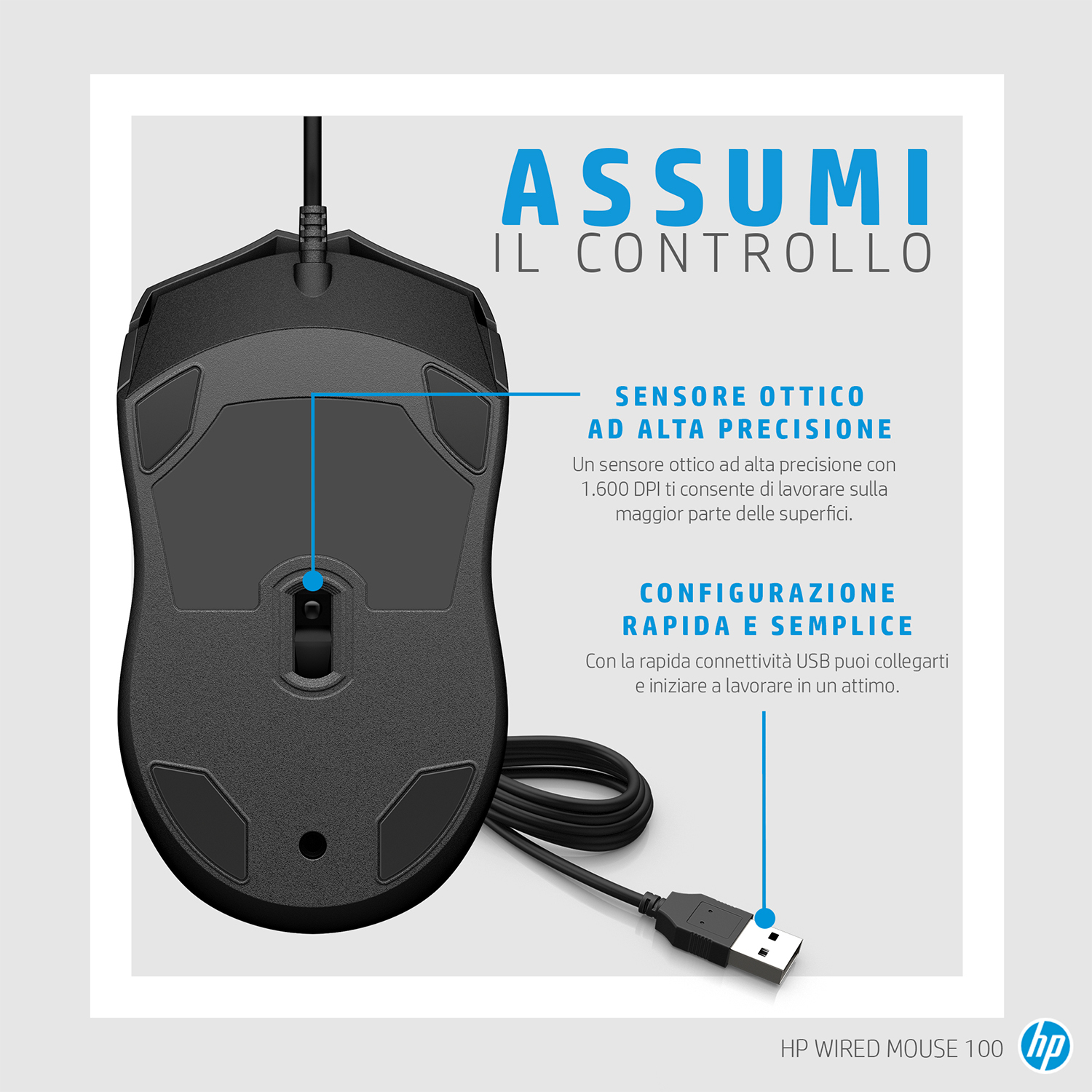 Mouse per computer nero con etichette di testo. Sfondo bianco.