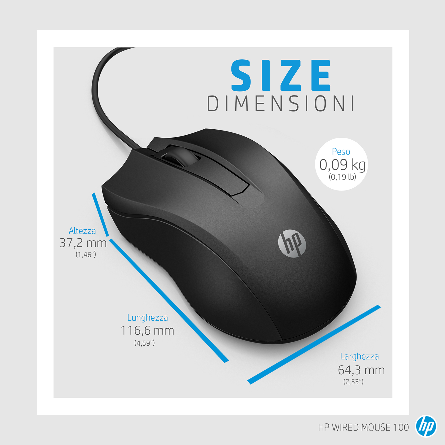 Mouse nero per computer, con dettagli sulle dimensioni.