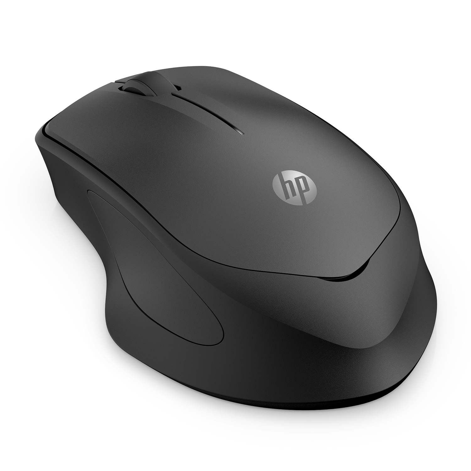 Mouse wireless HP nero, design ergonomico, pulsanti laterali, sfondo bianco.
