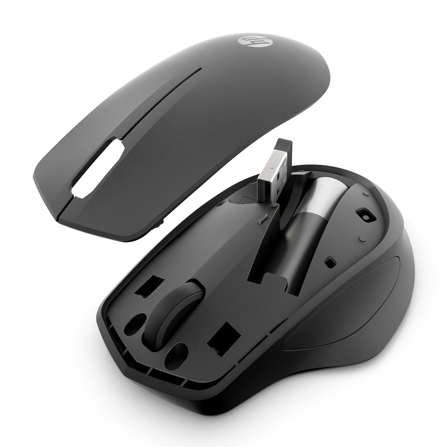 Mouse HP nero, smontato, mostra i componenti interni e una copertura staccata.