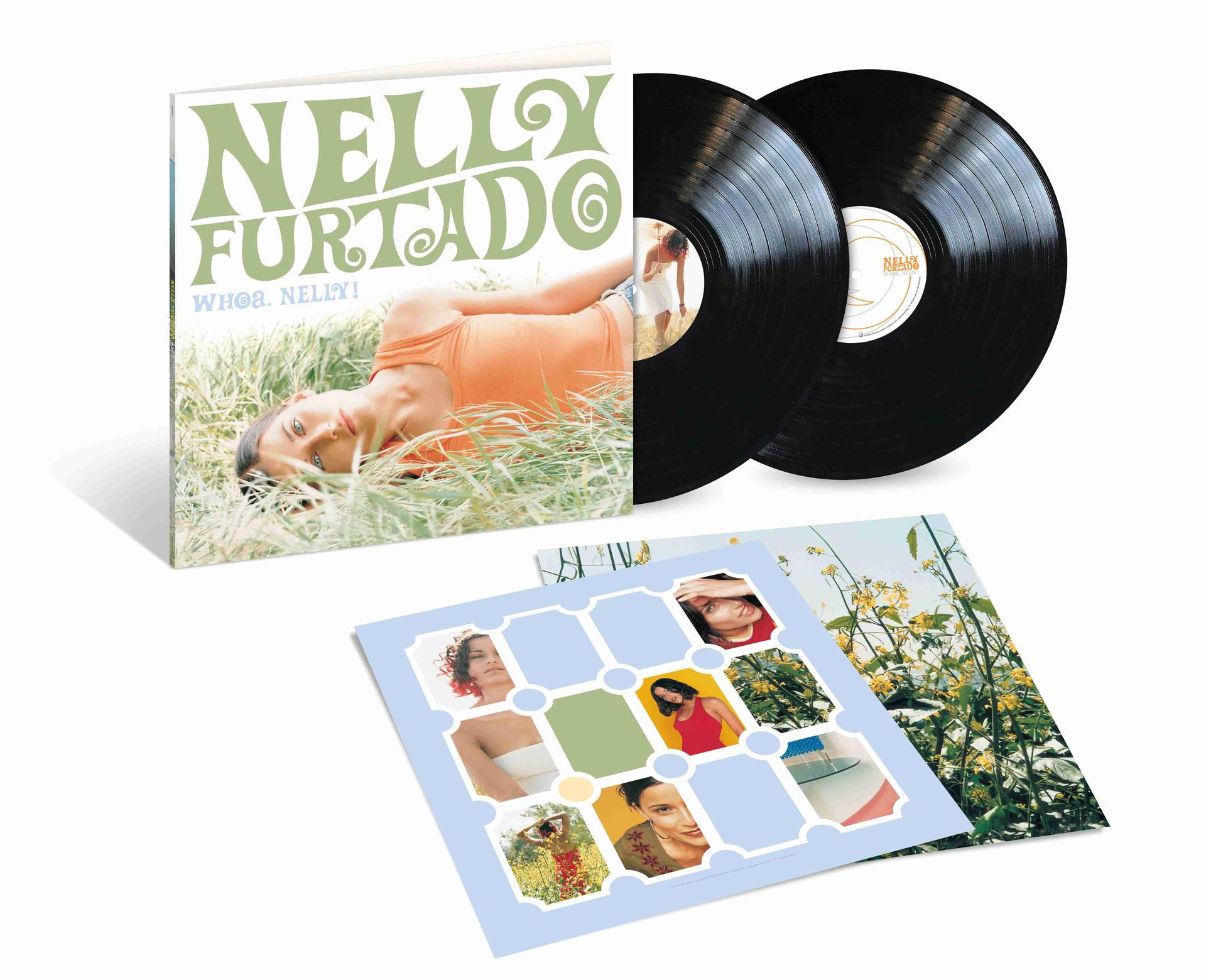 Albumcover und zwei Vinylplatten. Eine Frau liegt auf dem Albumcover im Gras. Weißer Hintergrund.