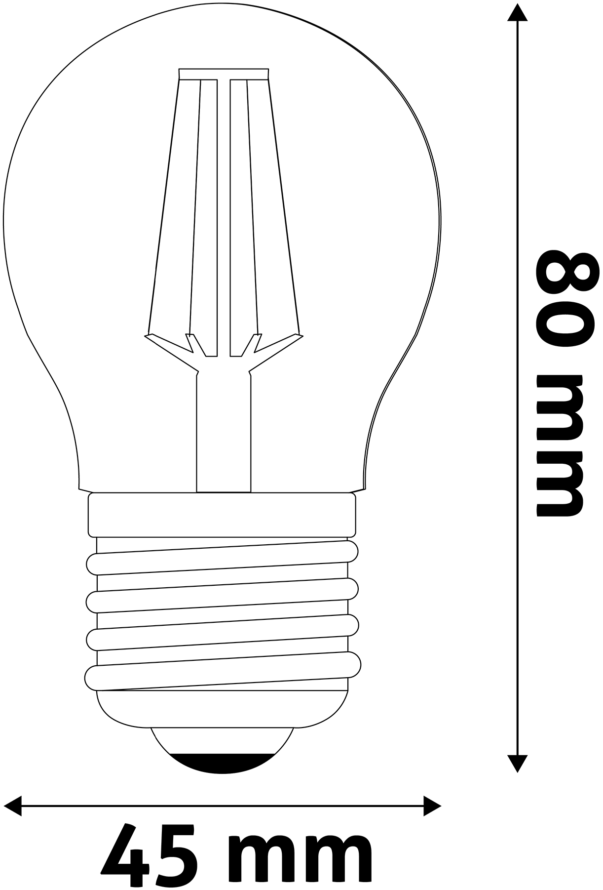 Egy fehér körvonalú izzó, méretekkel: 45 mm x 80 mm.