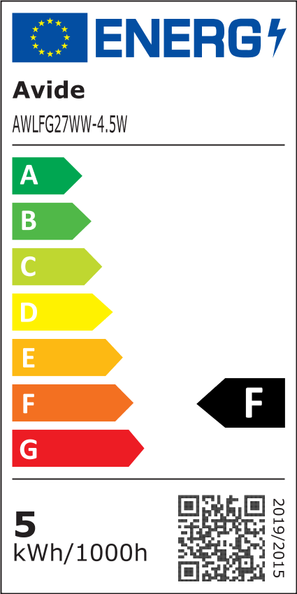 Energiahatékonysági címke egy izzóhoz. 'F' besorolás, energiafogyasztást és egyéb adatokat mutat.