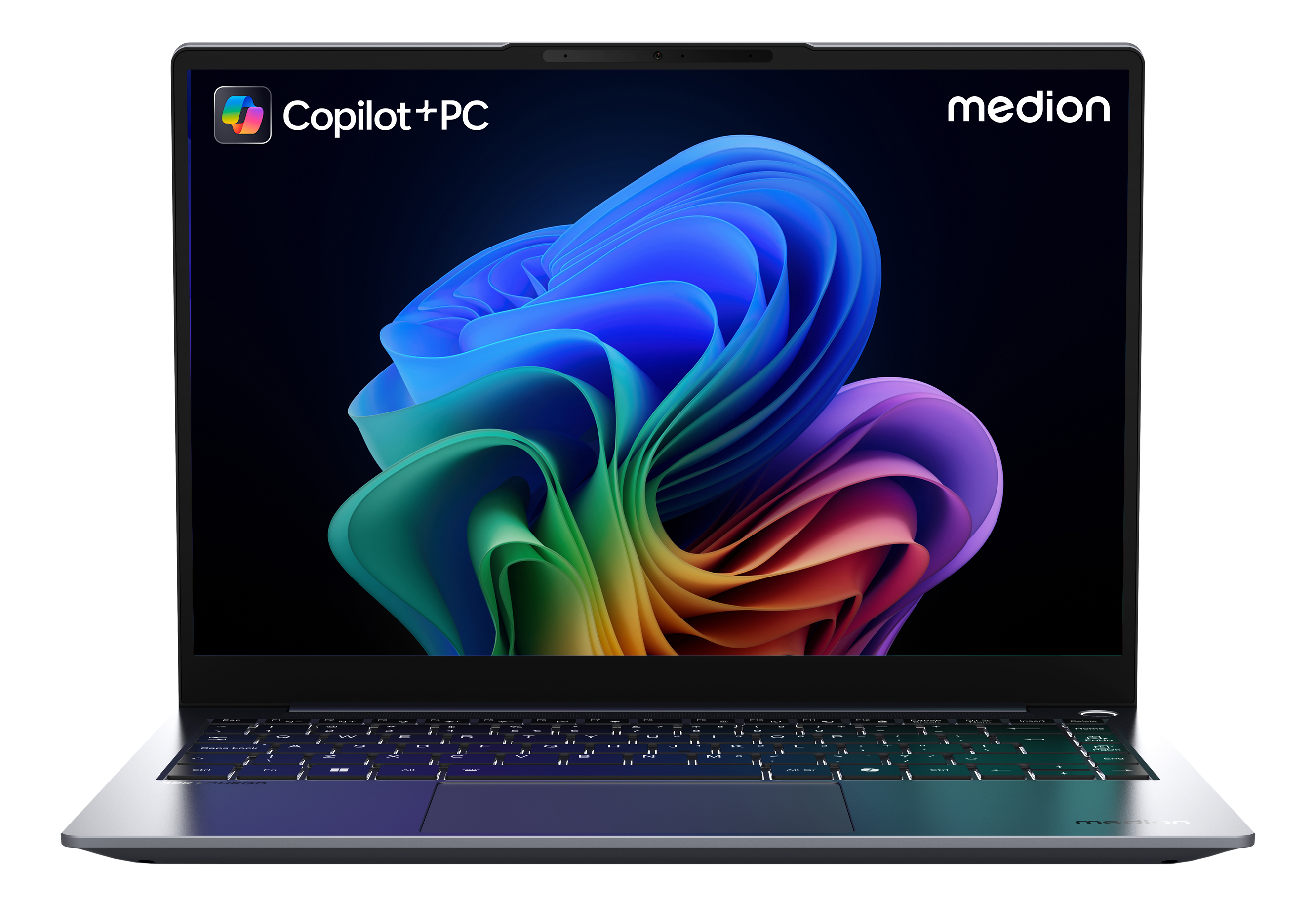Ein Laptop mit farbenfrohem Bildschirm ist geöffnet. Der Deckel des Laptops ist silberfarben. Der Markenname ist Medion.