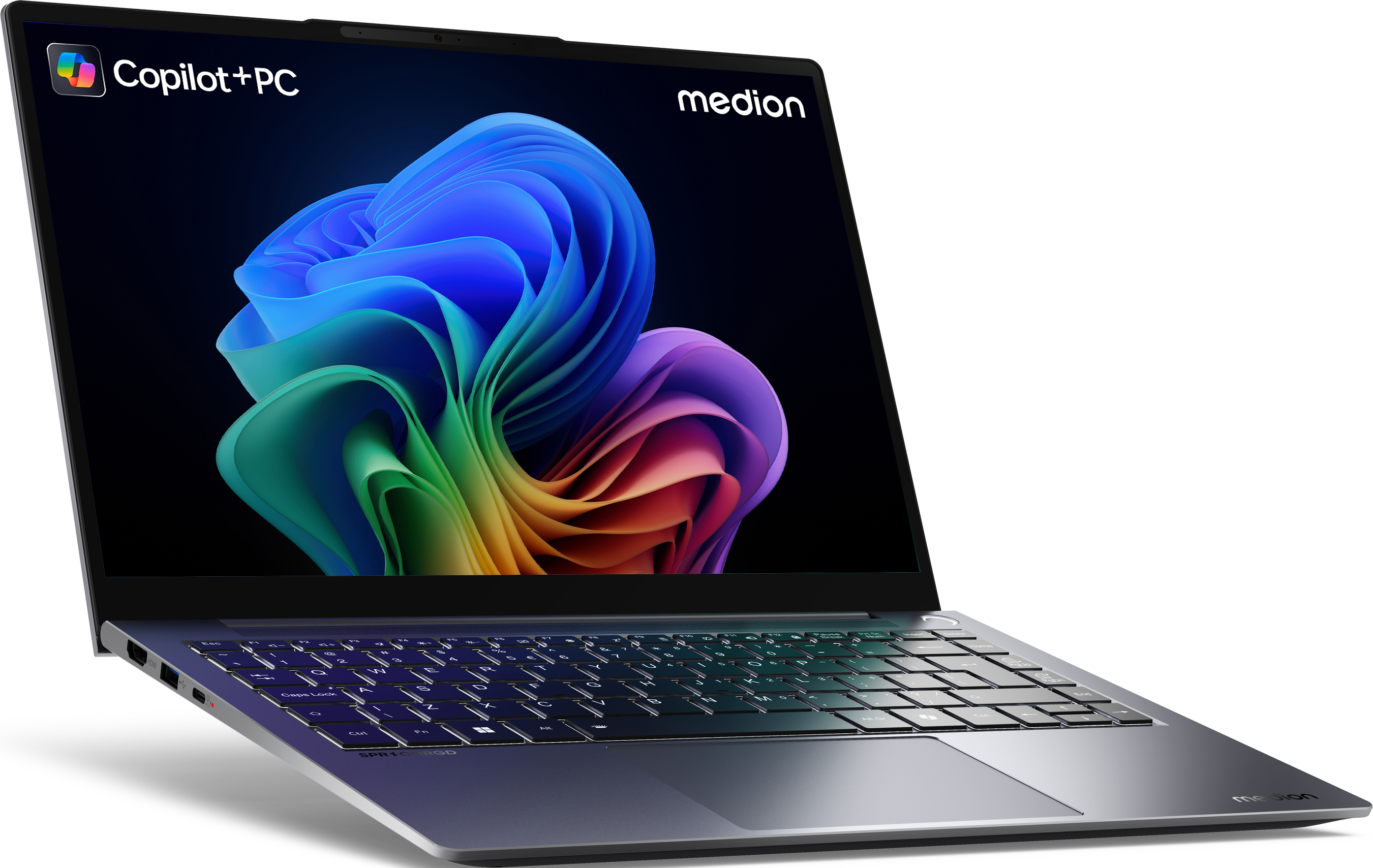 Ein Laptop ist geöffnet und zeigt ein farbenfrohes Bild auf dem Bildschirm. Das Medion-Logo ist sichtbar.