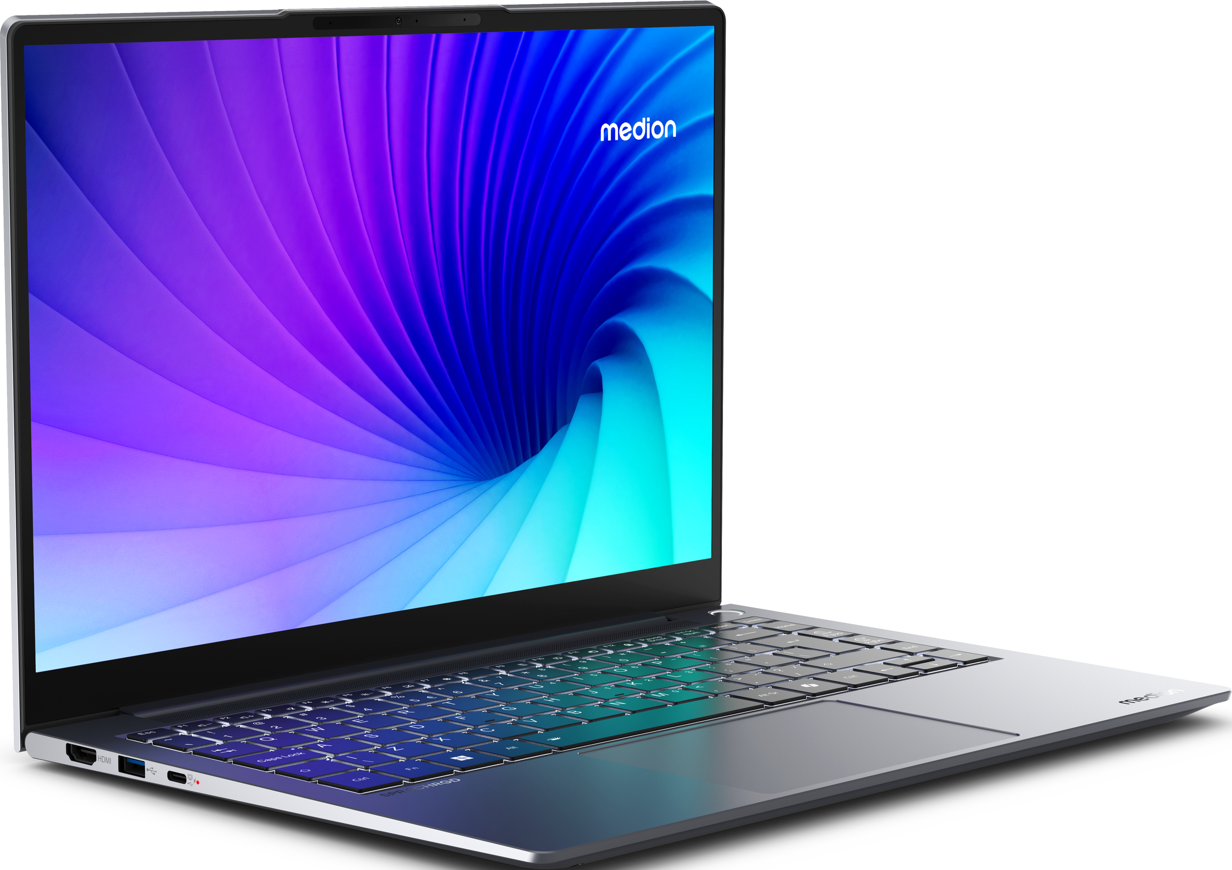 Medion Laptop mit farbenfrohem Bildschirmverlauf, offen auf einer hellen Oberfläche, Seitenansicht.