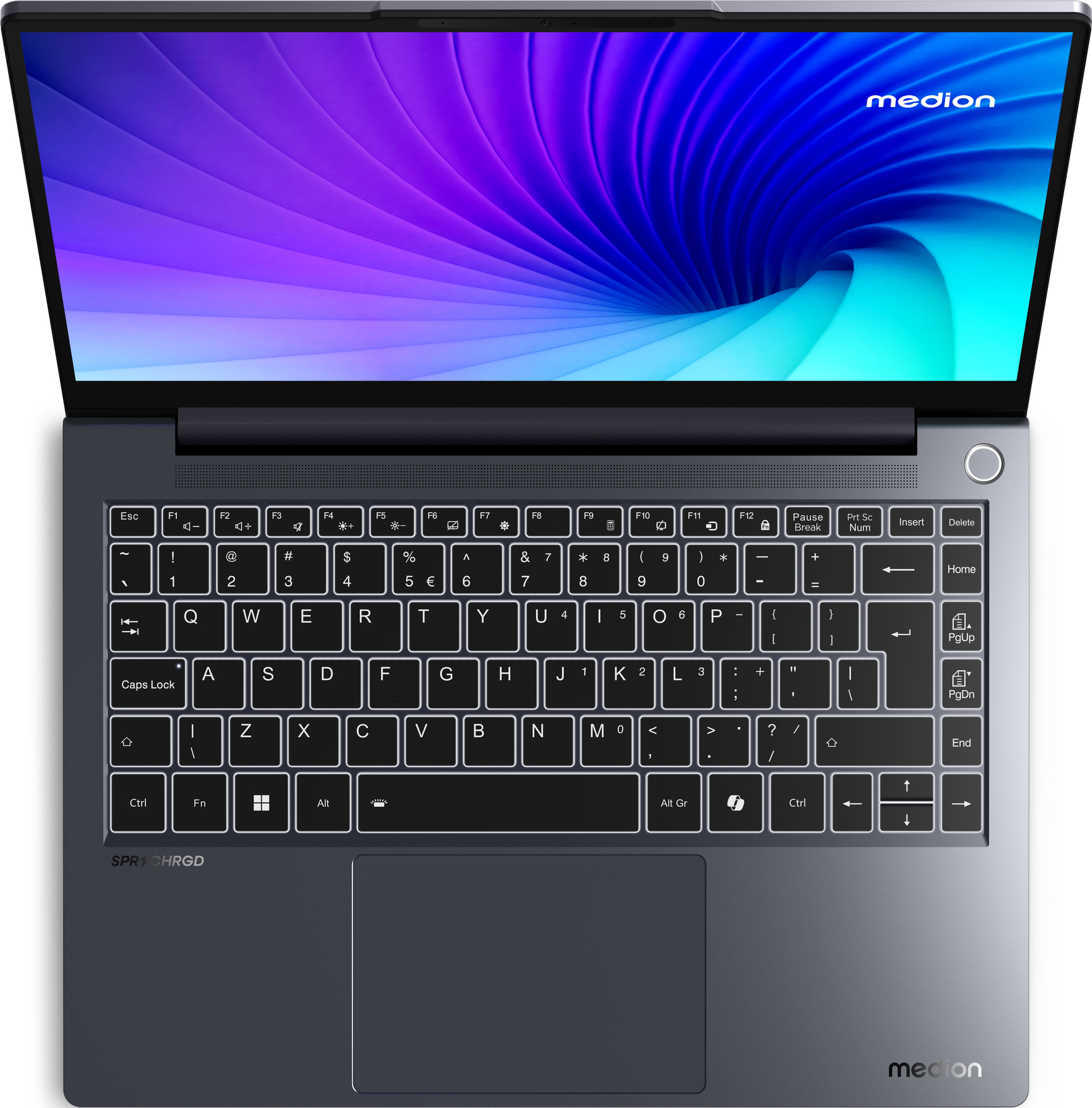 Medion-Laptop, Draufsicht. Geöffnet, mit farbenfrohem Bildschirm. Tastatur und Trackpad sichtbar.
