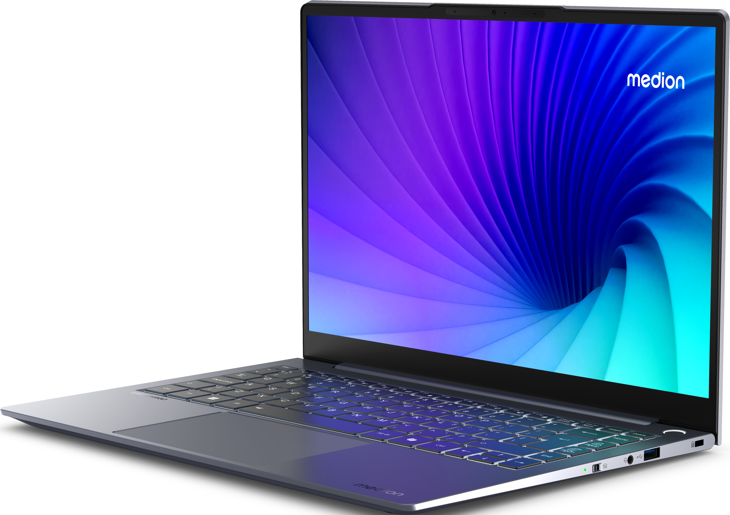 Laptop mit blau-violettem Wellenhintergrund auf dem Bildschirm, Medion-Logo.