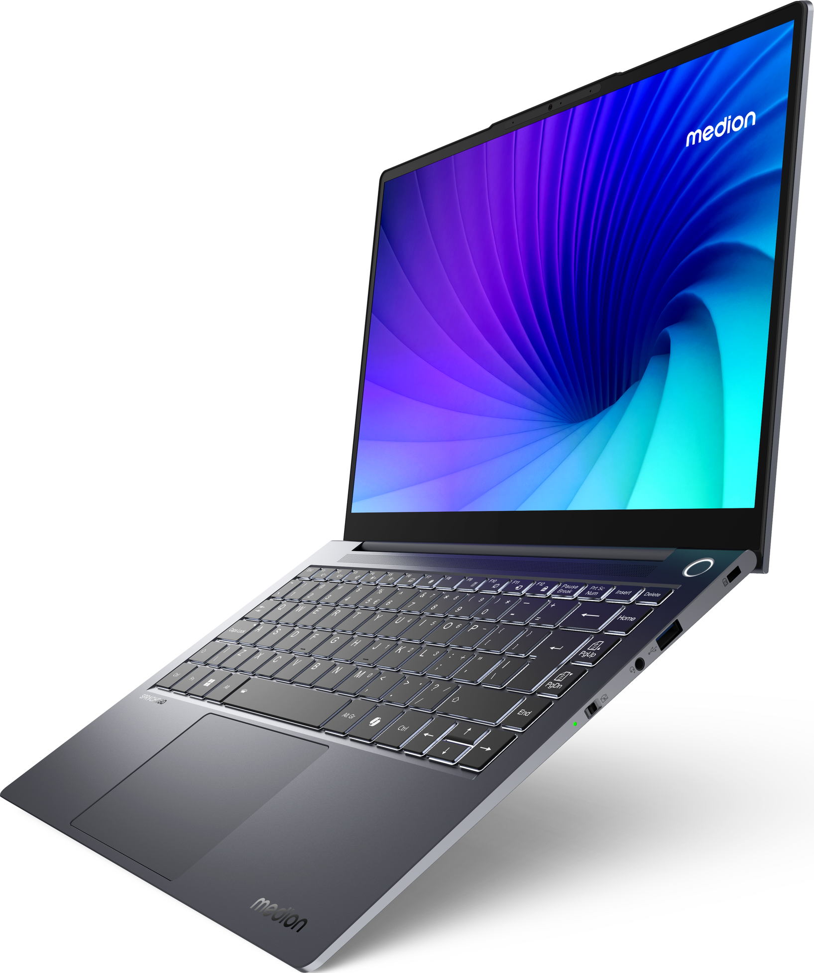Laptop mit blau-lila Bildschirm, nach oben abgewinkelt. Das Medion-Logo ist auf dem Bildschirm.