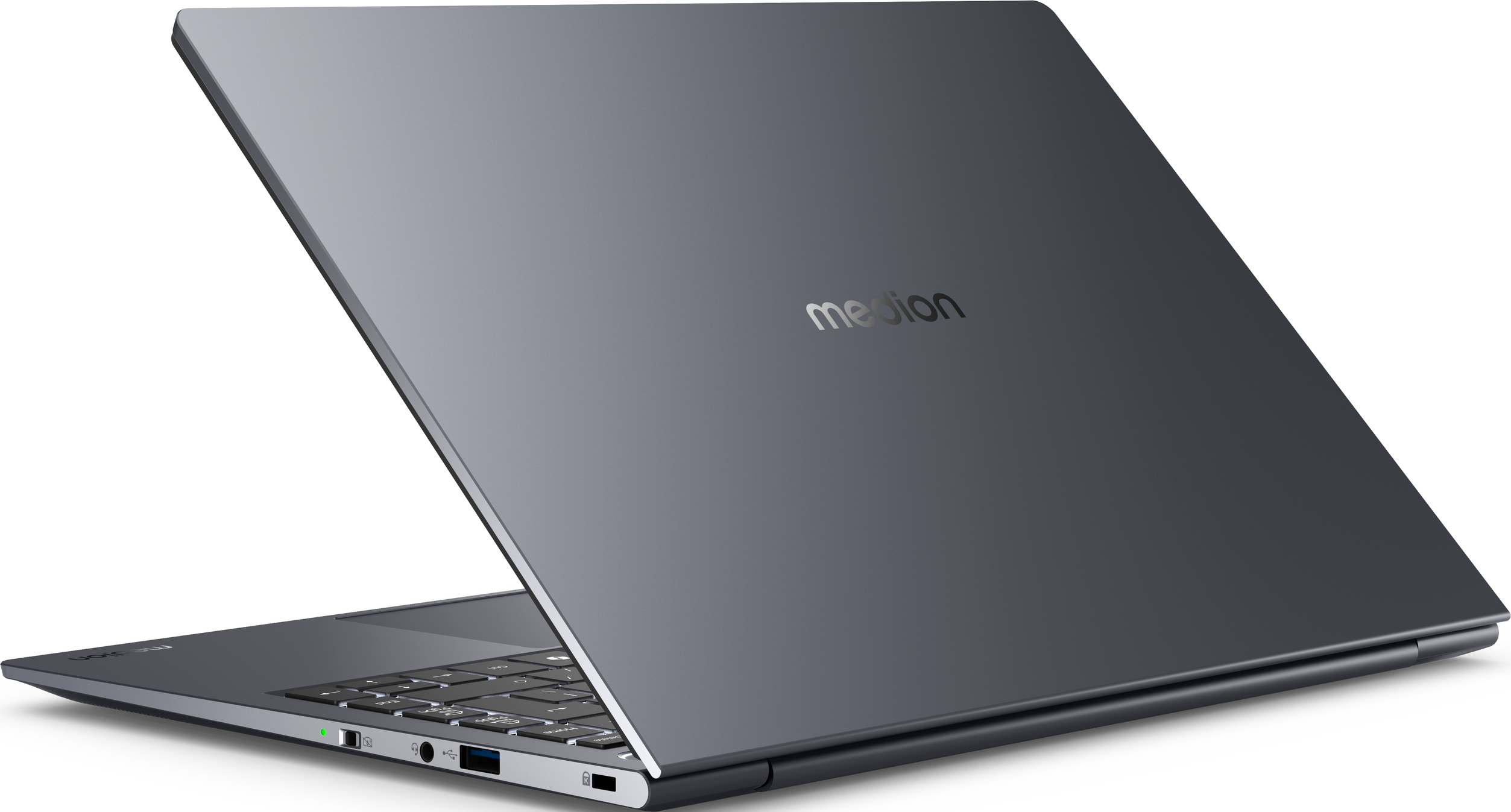 Rückseite des Laptops mit Medion-Logo und geöffnetem Bildschirm.