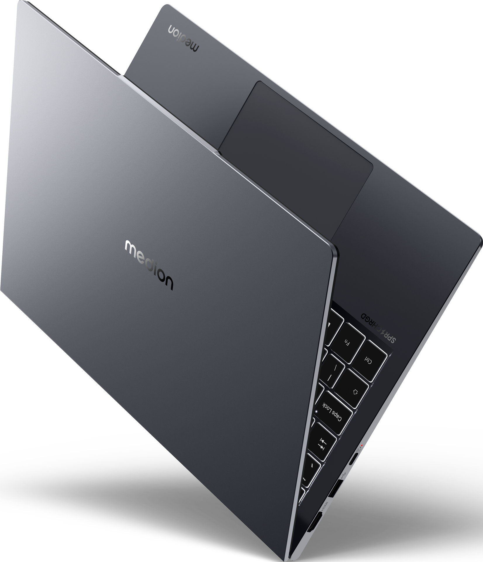 Ein dunkelgrauer Laptop, offen, abgewinkelt, zeigt Tastatur und Bildschirm, mit Logo oben.