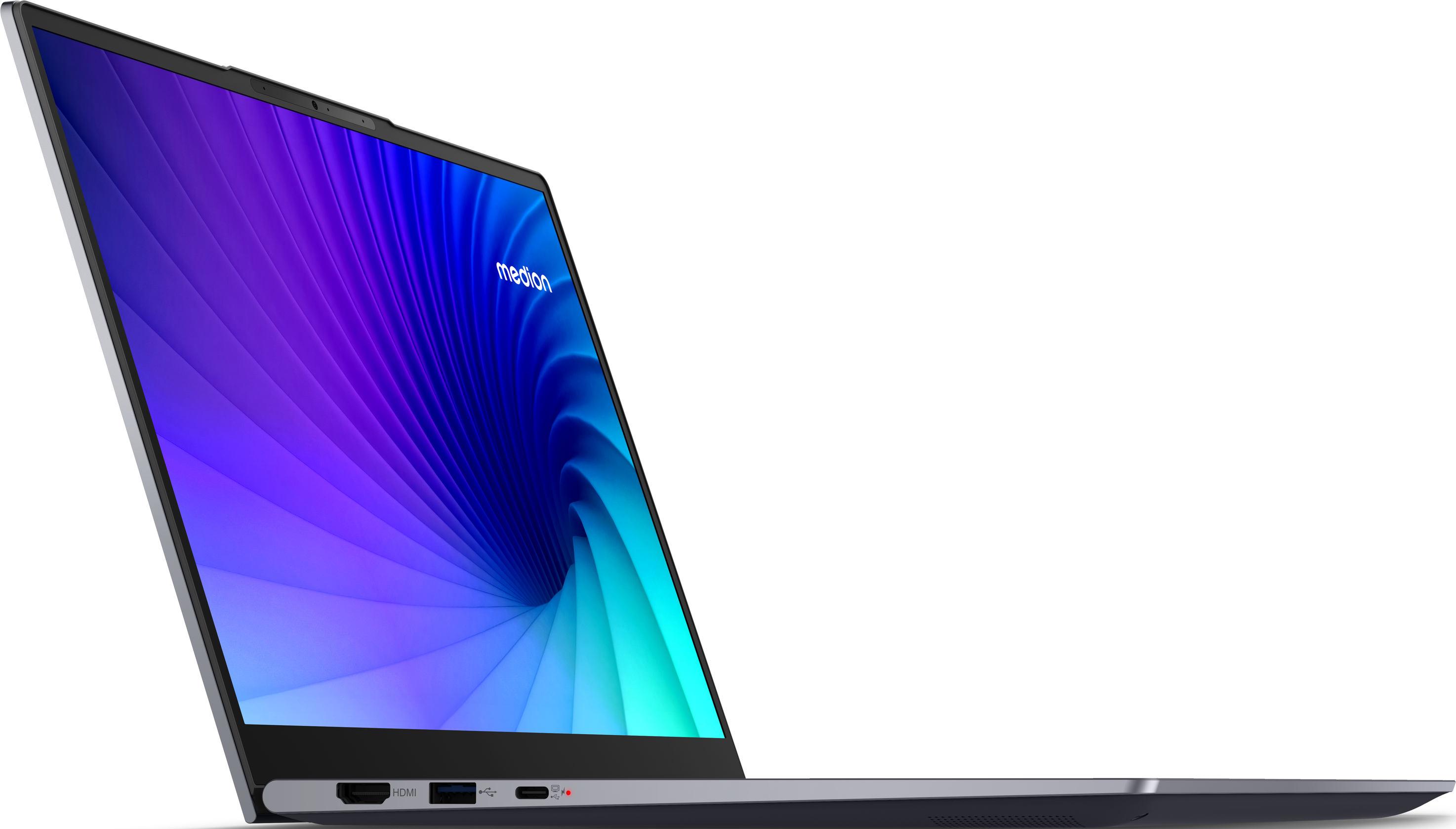Laptop auf weißem Hintergrund. Der Bildschirm zeigt ein farbenfrohes Design.