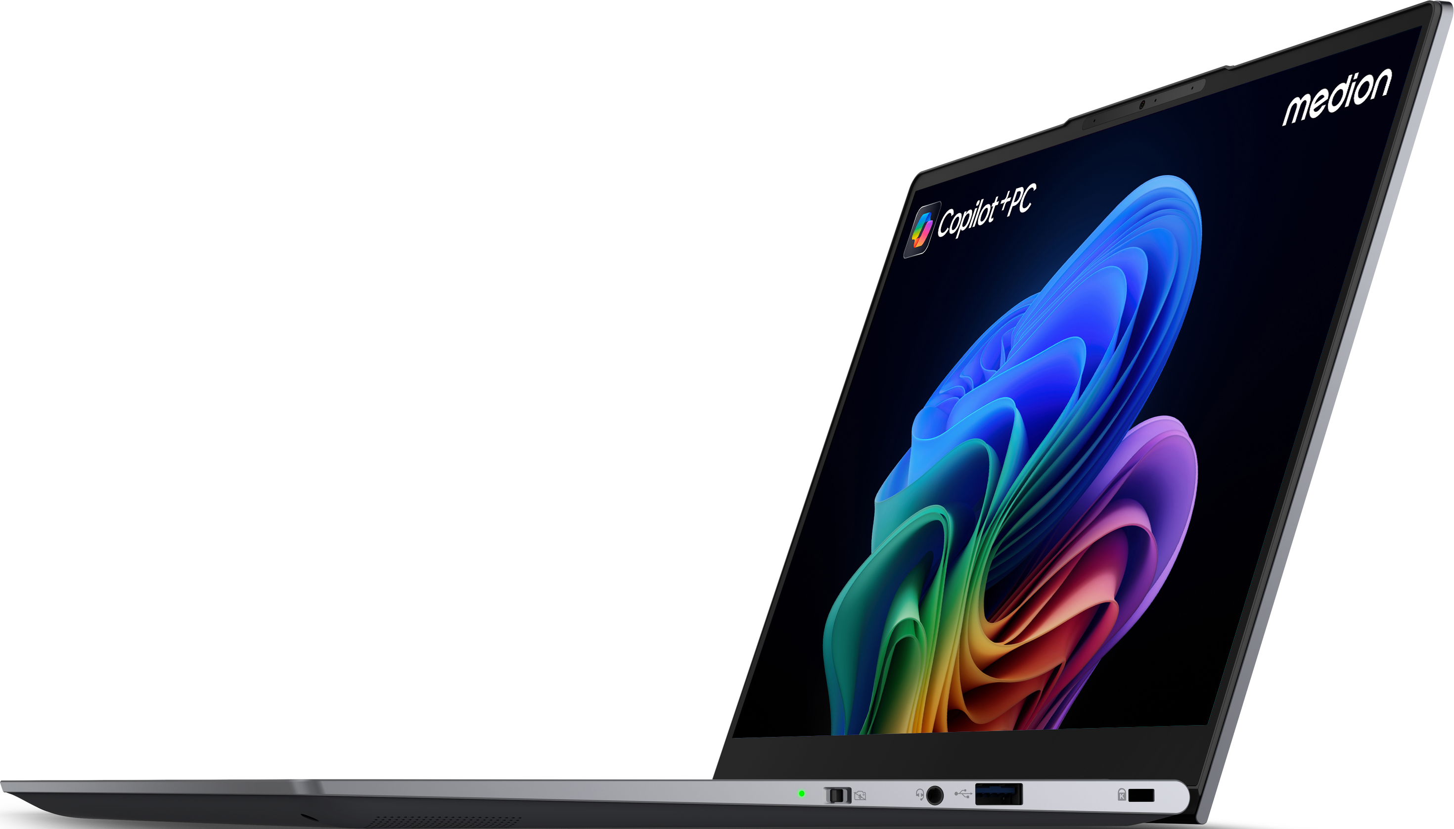 Ein Laptop mit farbenfroher, abstrakter Anzeige, der Bildschirm ist geöffnet, auf weißer Oberfläche.