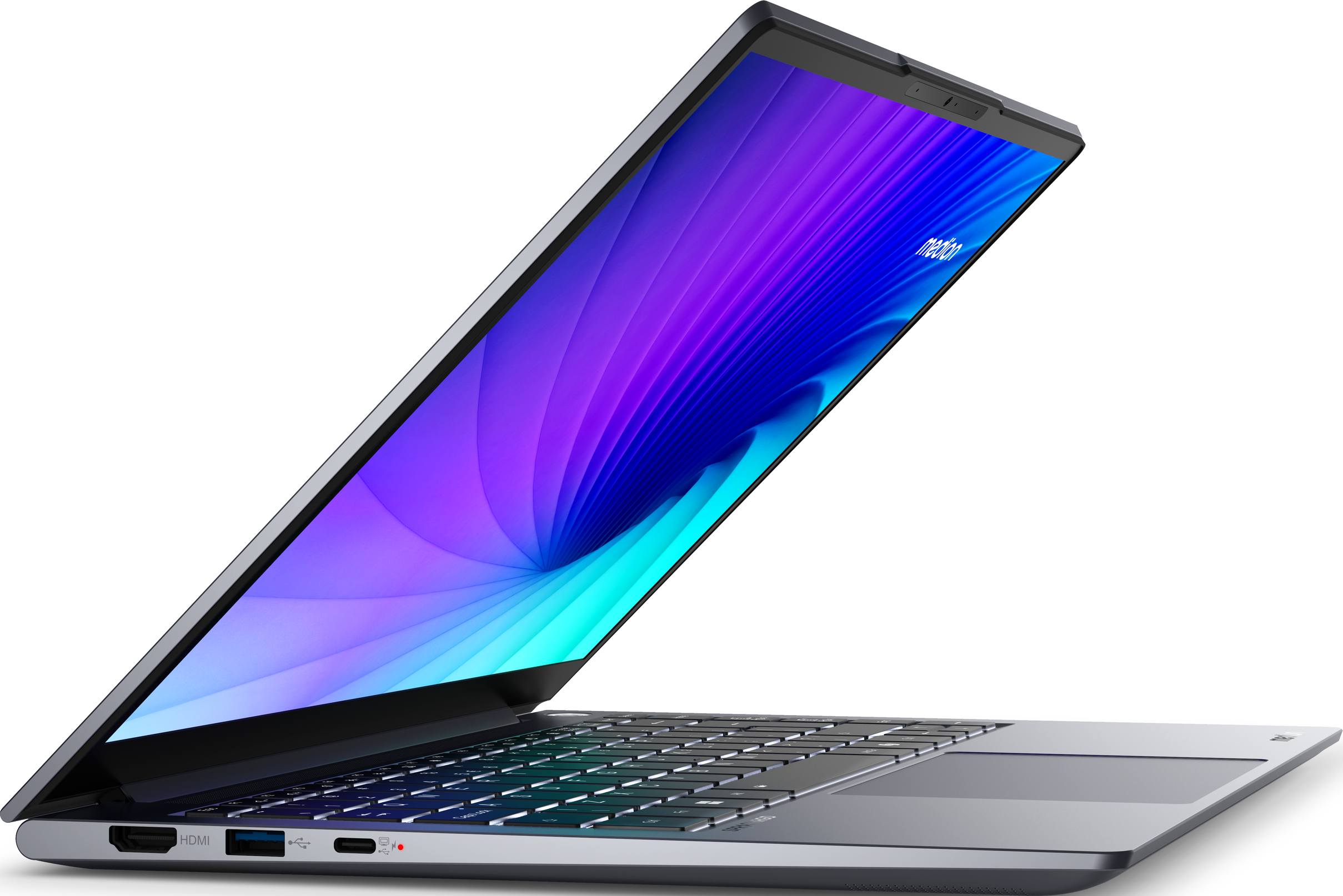 Ein Laptop mit farbenfrohem Bildschirm, in einem Winkel geöffnet, Seitenansicht.