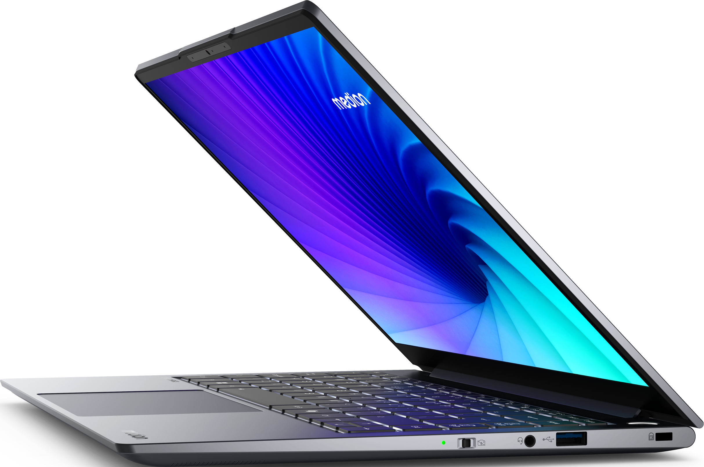 Ein Laptop mit blau-lila Bildschirm ist leicht geöffnet. Der Laptop ist grau und auf weißem Hintergrund.