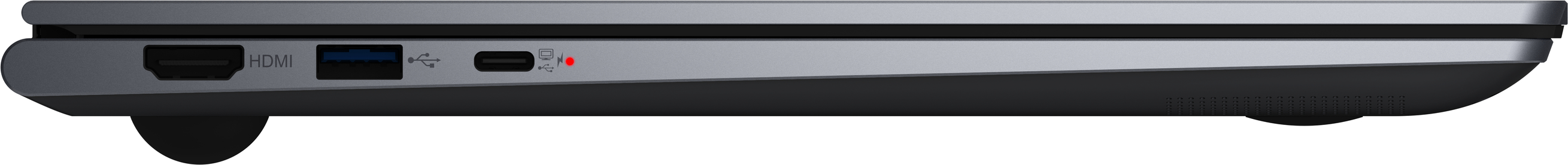 Seitenprofil eines Laptops mit Anschlüssen, einschließlich HDMI, USB und Ladeanschluss.
