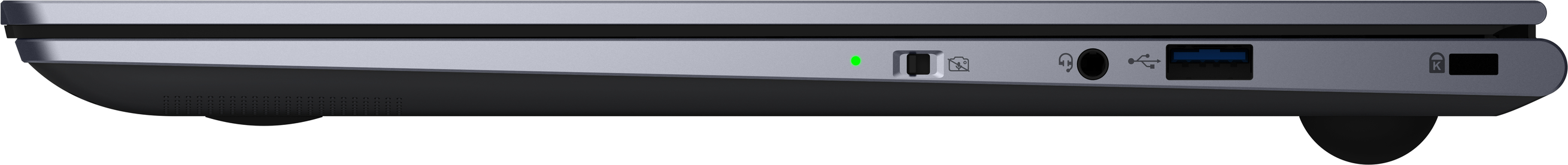 Die Seitenansicht eines Laptops mit Anschlüssen und einem Scharnier.