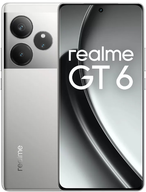 Srebrny smartfon z trzema tylnymi aparatami i tekstem "realme GT 6" na ekranie.