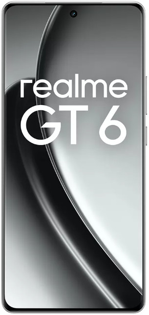 Smartfon z tekstem "realme GT 6" na ekranie, biało-czarny.