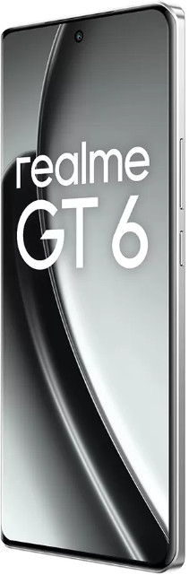 Smartfon Realme GT 6, srebrna ramka, czarny ekran z białym tekstem 'realme GT 6'.