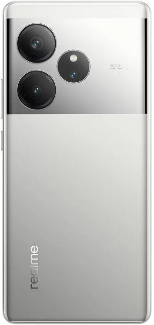 Srebrny smartfon z trzema obiektywami aparatu i słowem 'realme' na dole.