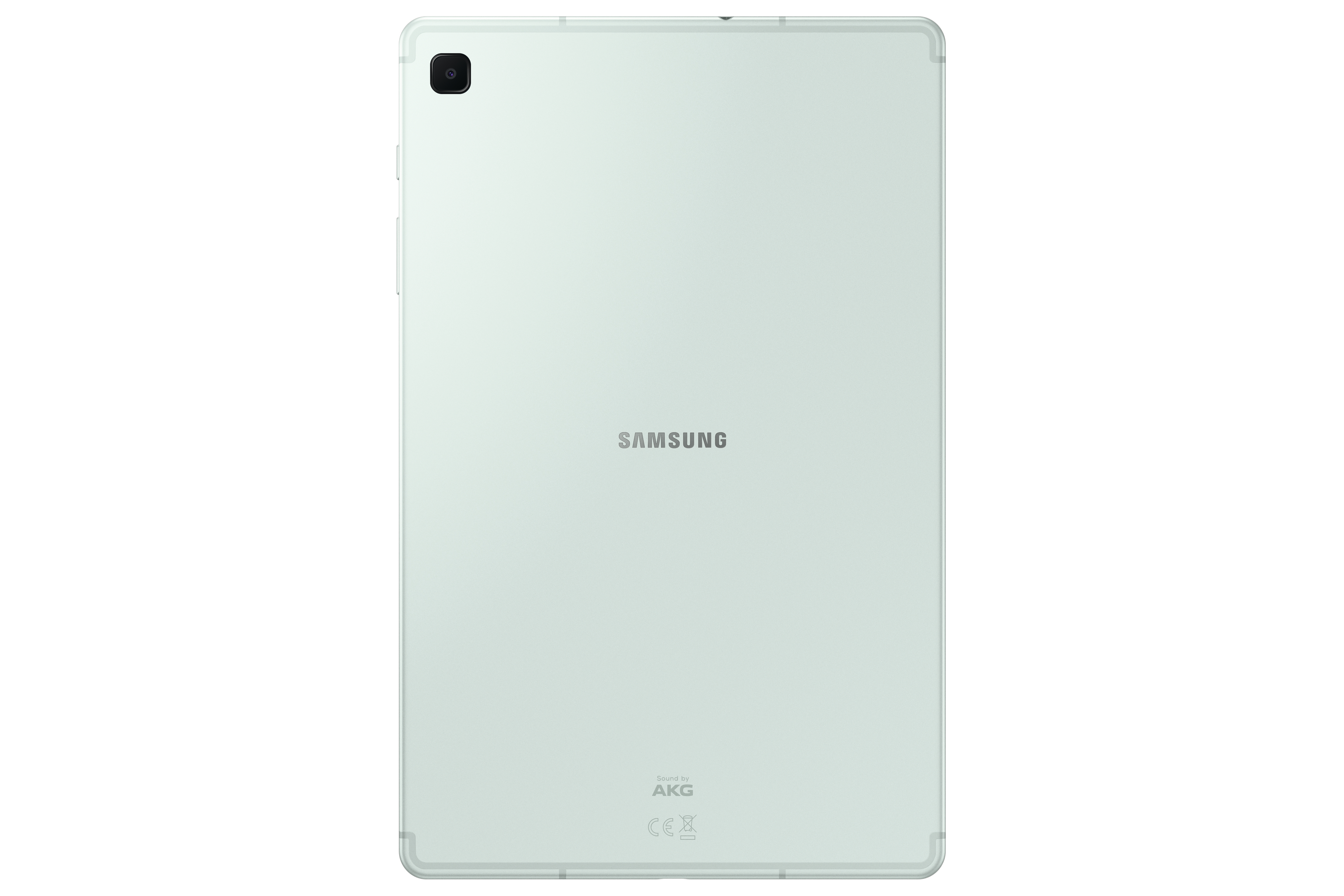 Ein hellgrünes Tablet von Samsung, mit Kamera auf der Rückseite und weißem Hintergrund.