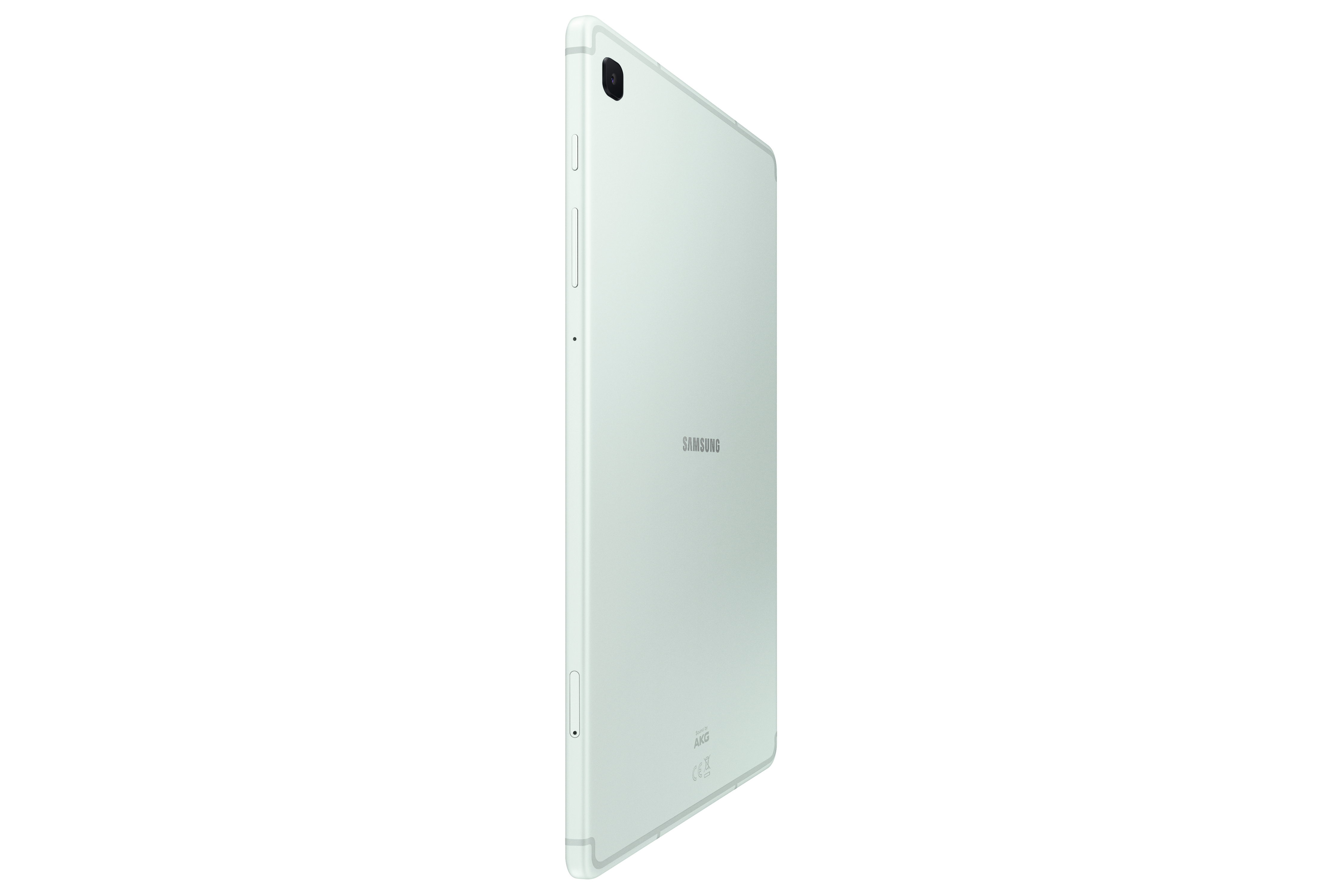 Weißes Tablet-Gerät von der Seite betrachtet, zeigt die Rückseite und das Samsung-Logo.