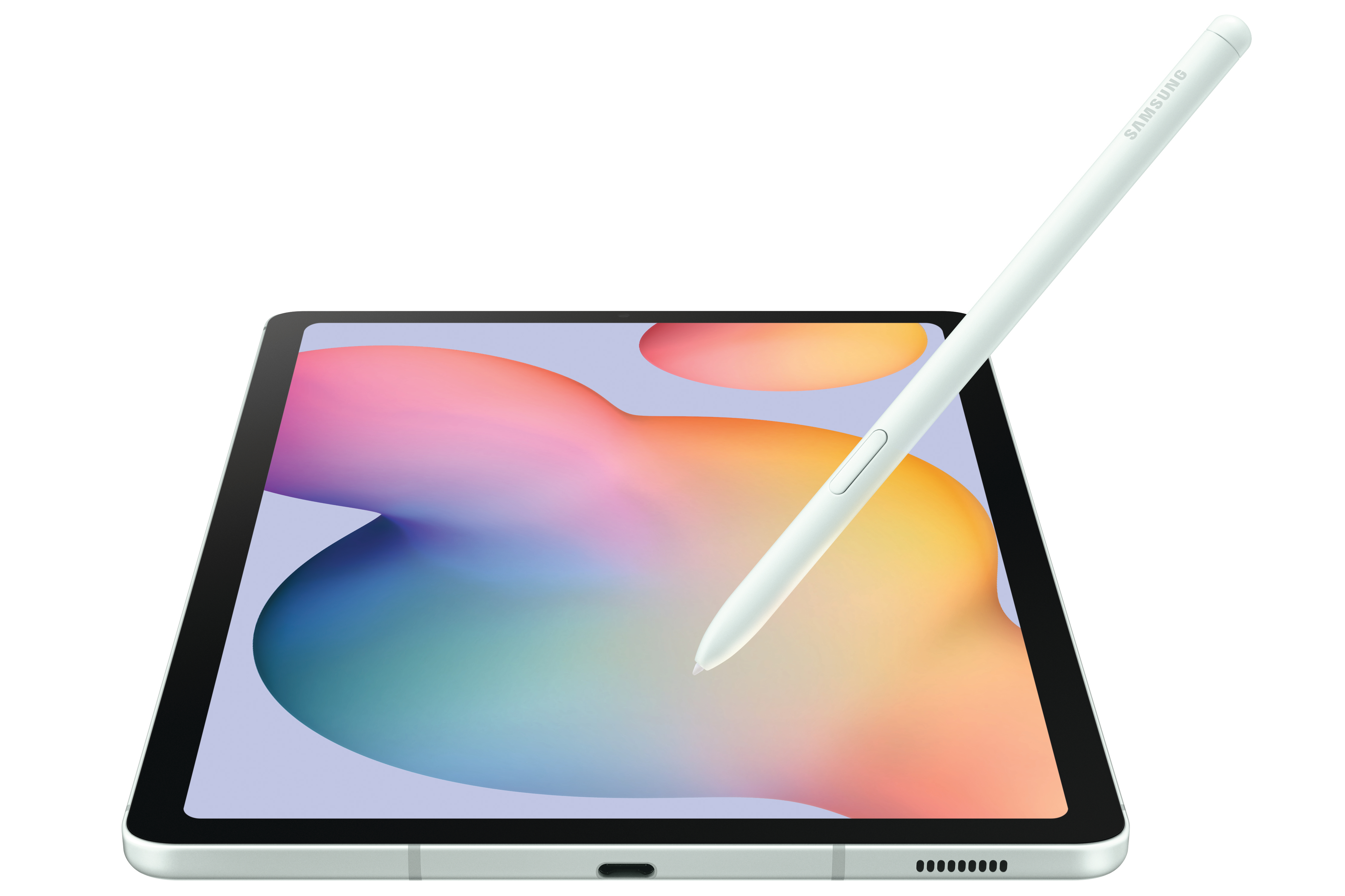 Tablet mit Stift. Der Bildschirm zeigt bunte, abstrakte Formen.