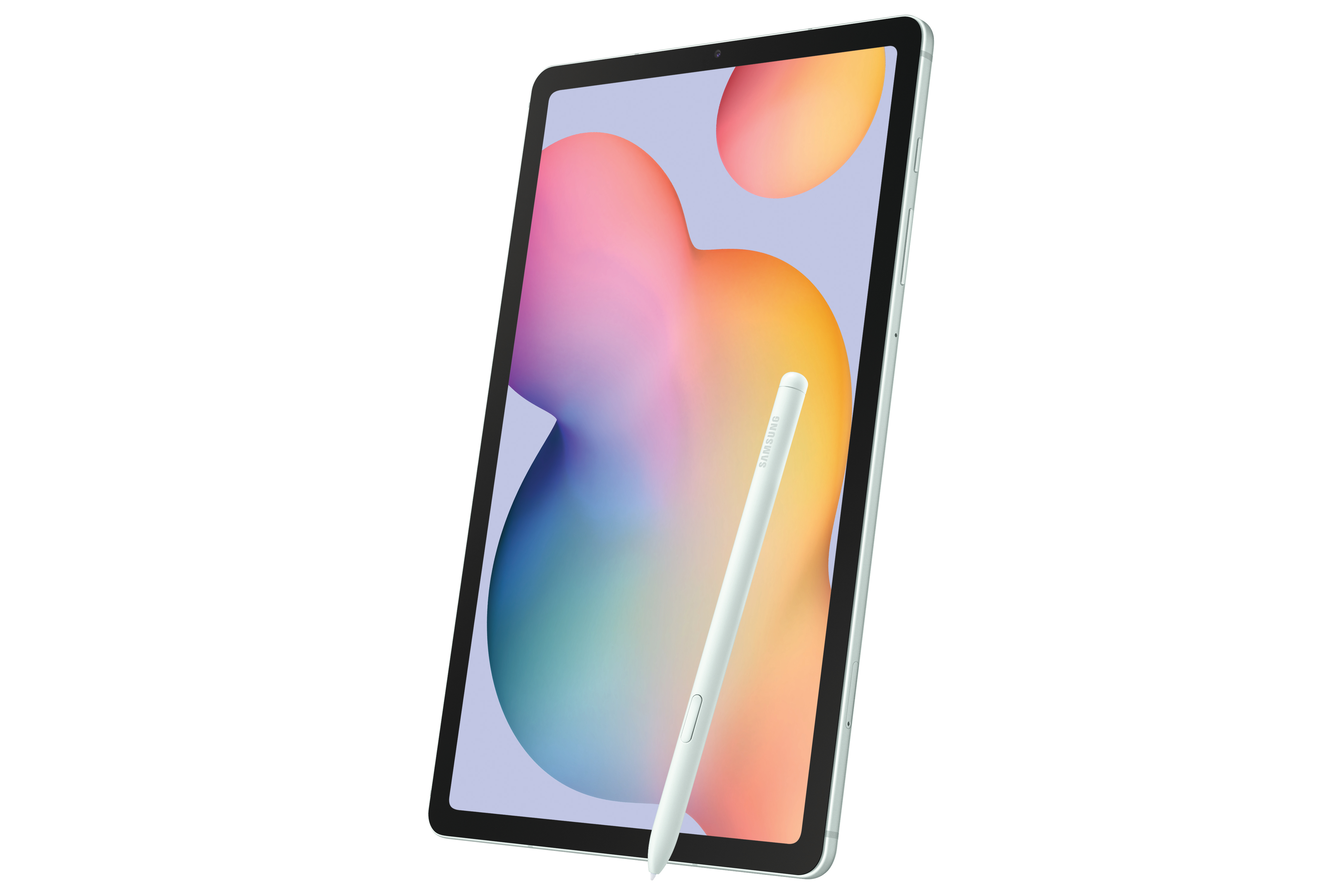 Ein Tablet und ein Stift liegen auf einer weißen Oberfläche. Das Tablet ist geneigt.