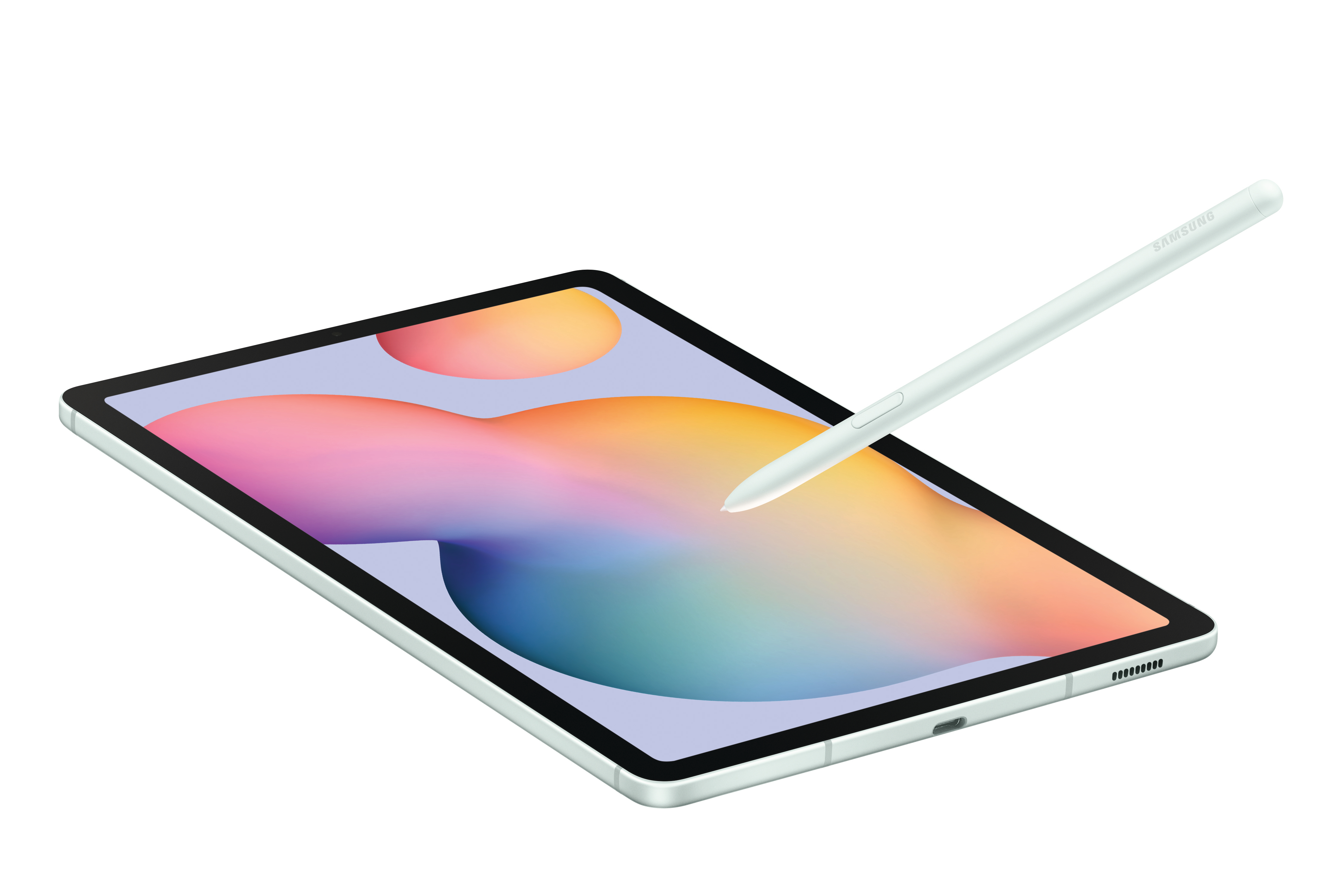 Ein hellgrünes Tablet mit einem Stift, der über dem farbenfrohen Bildschirm schwebt.