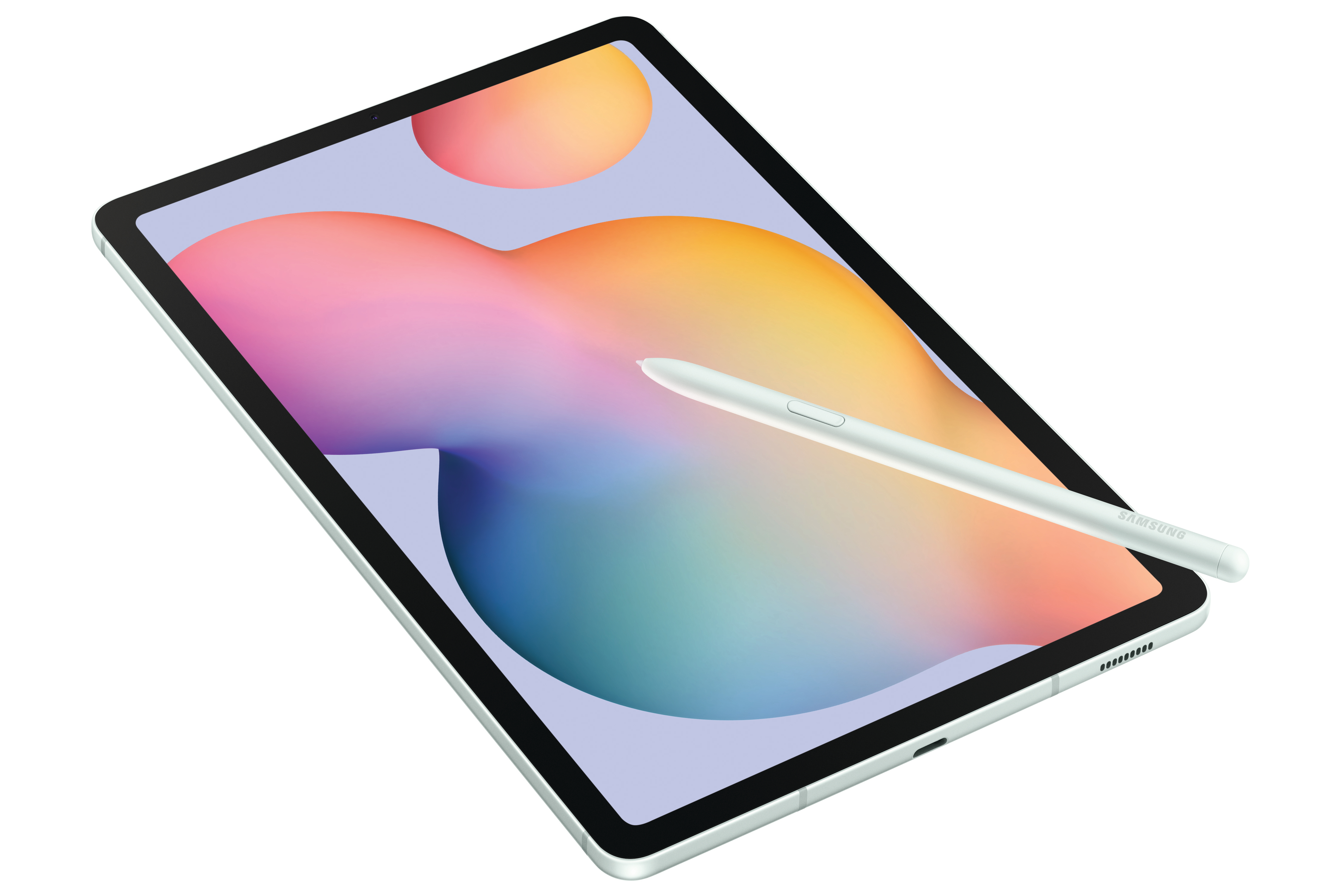 Ein Tablet mit Stift, schräg auf einer weißen Oberfläche.