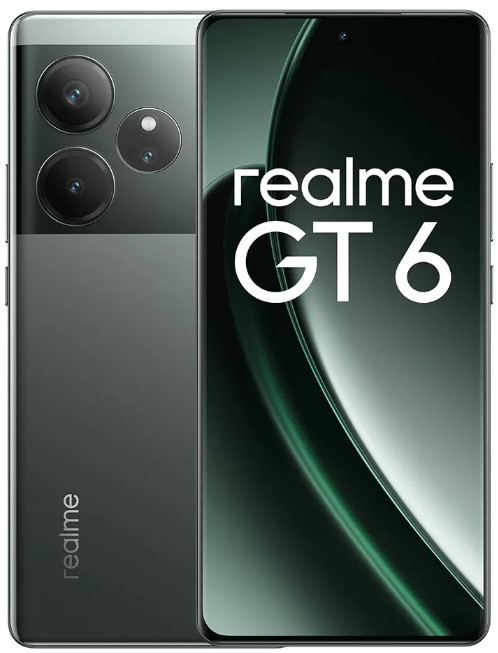 Smartfon z trzema aparatami. Ekran wyświetla 'realme GT 6' na zielonym tle.