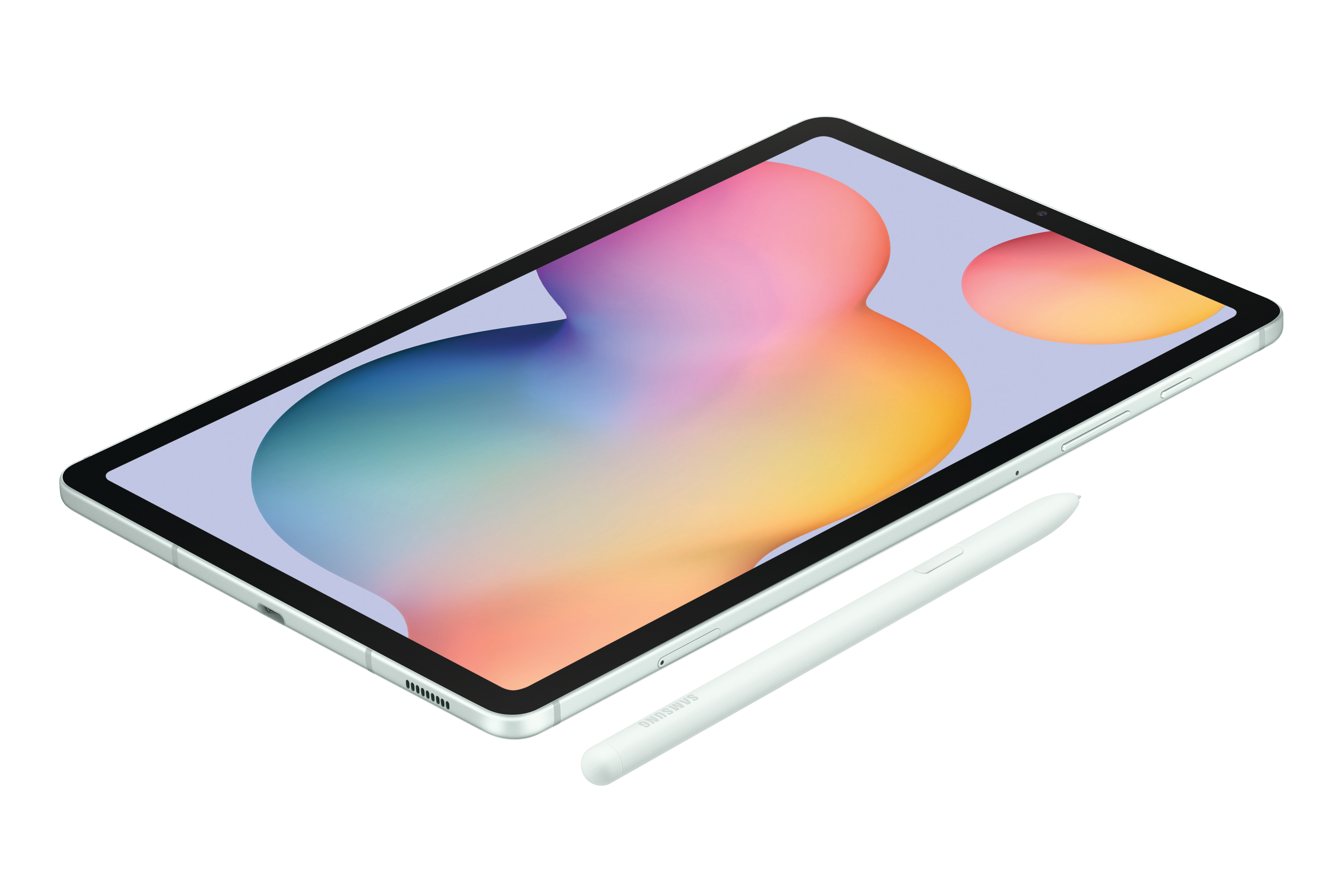 Ein Tablet mit einem weißen Stift daneben, das einen farbenfrohen Bildschirm zeigt.