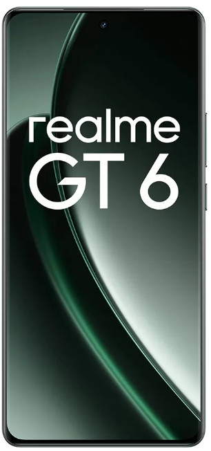Smartfon z tekstem 'realme GT 6', zielone gradientowe tło.