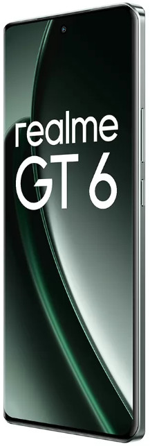 Telefon w widoku z boku, z logo realme GT 6.