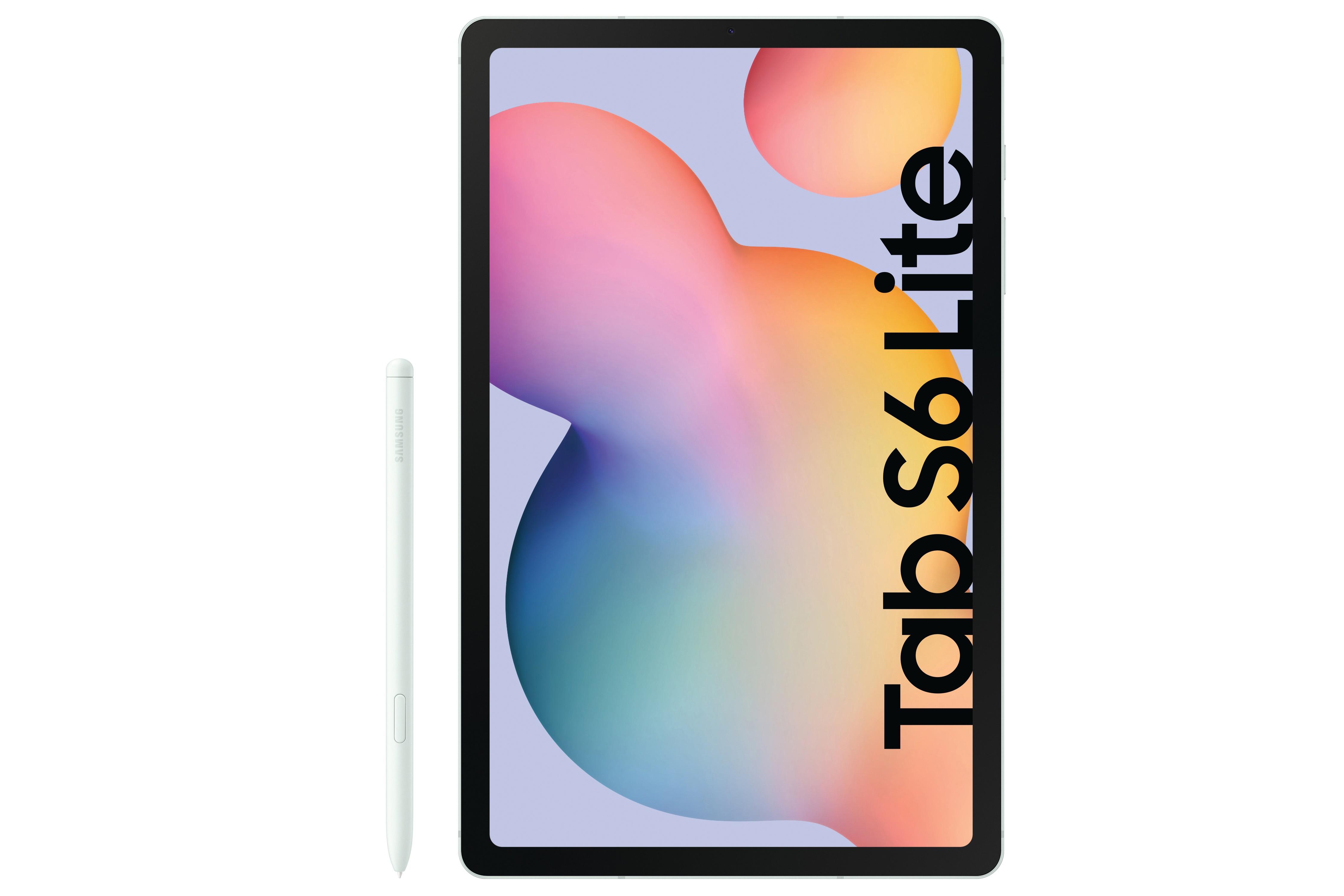 Ein weißes Tablet mit Stift auf der linken Seite. Es hat einen großen 'Tab S6 Lite' Text.