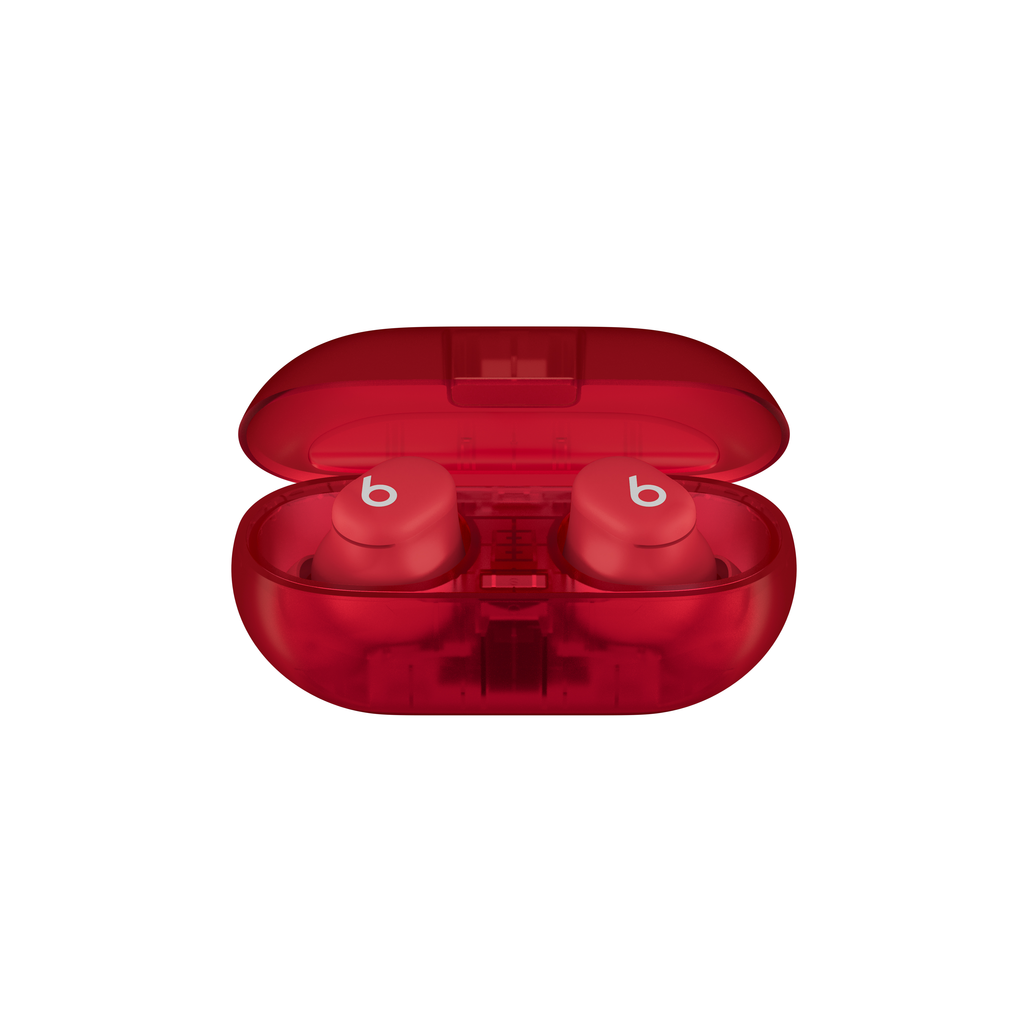 Estuche de auriculares rojos abierto con dos auriculares rojos dentro. El estuche es transparente.