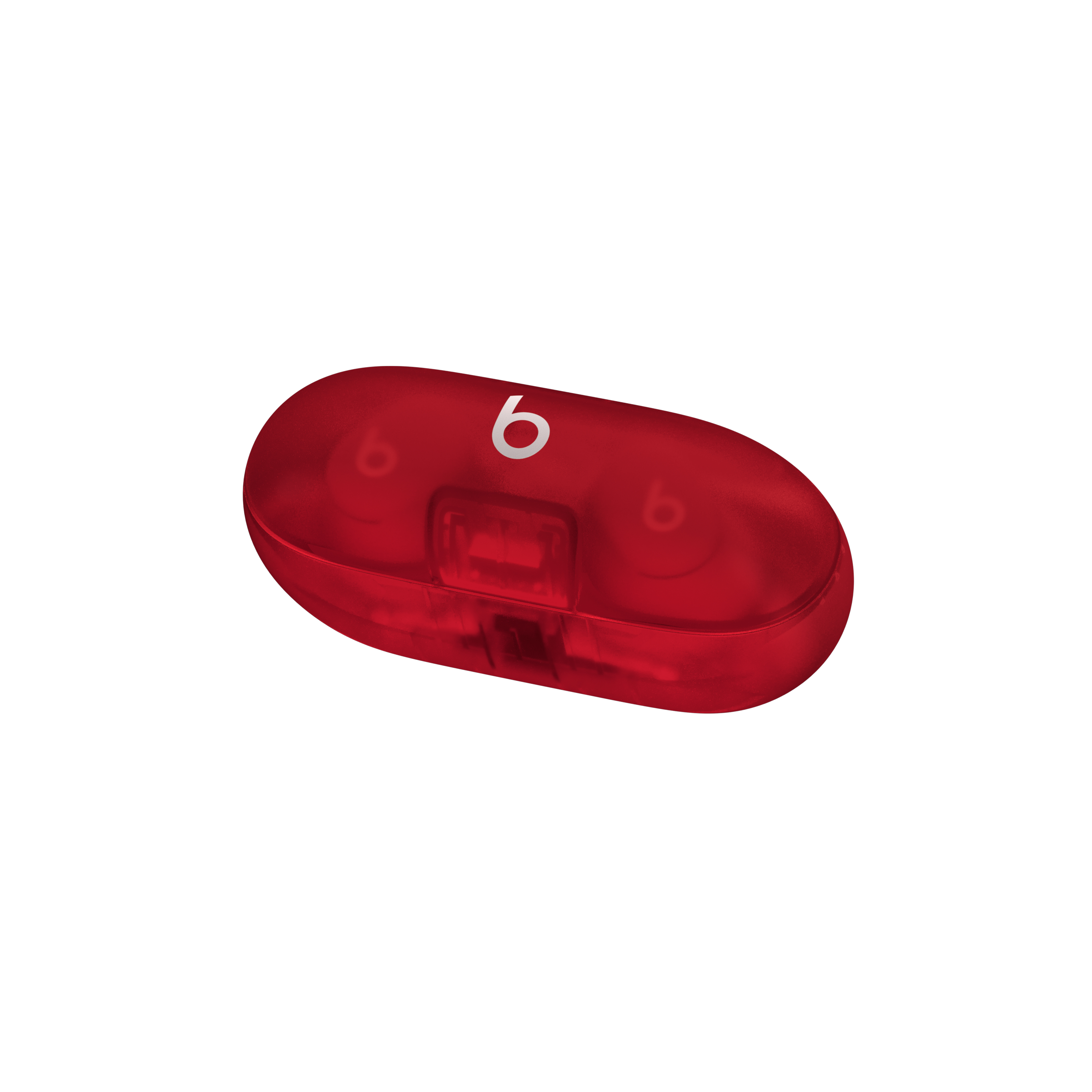 Un estuche rojo y transparente de auriculares Beats con el logotipo 'b' y el número '6' en la parte superior.