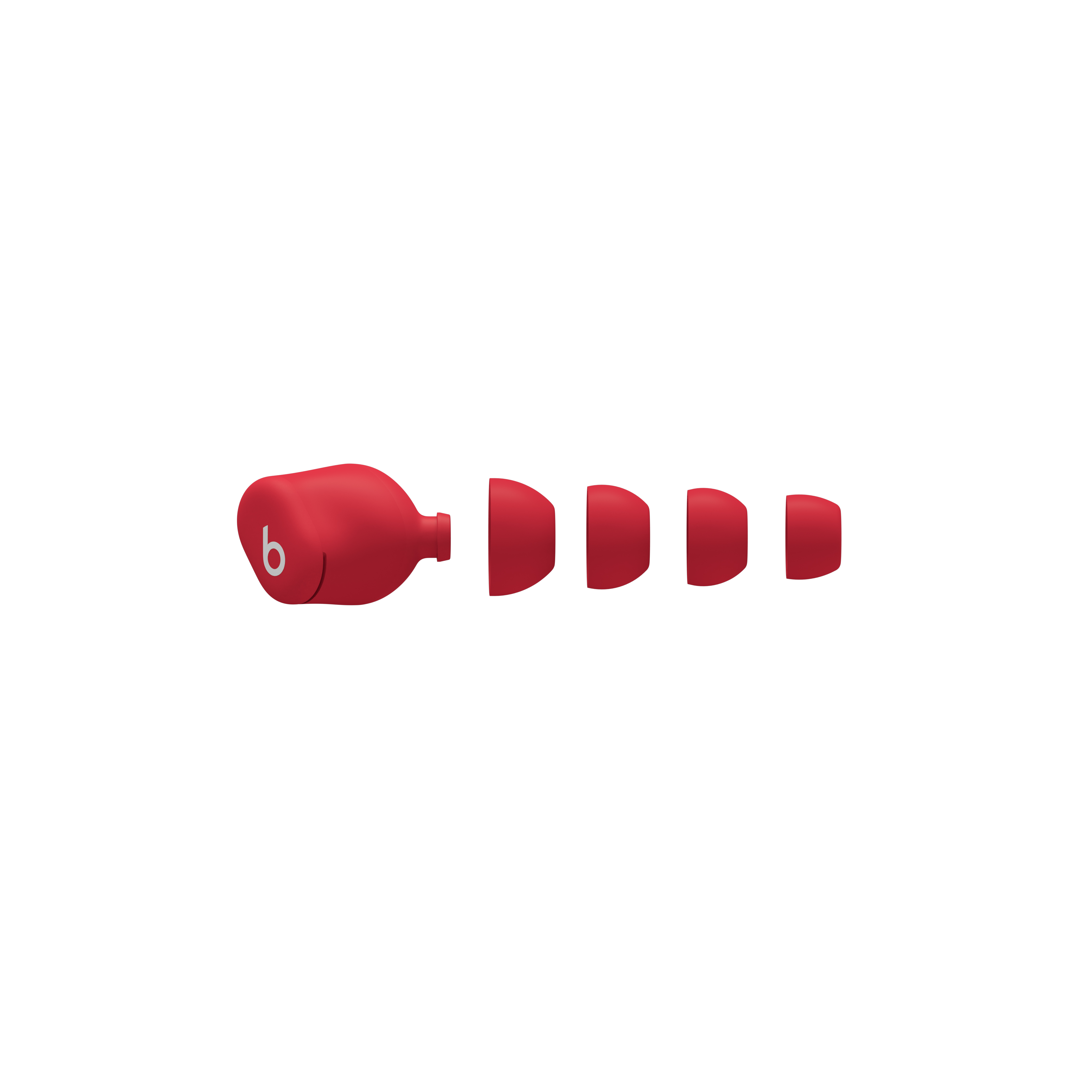 Puntas de auriculares rojas dispuestas a la derecha de una base redondeada roja con el logo 'b' blanco.