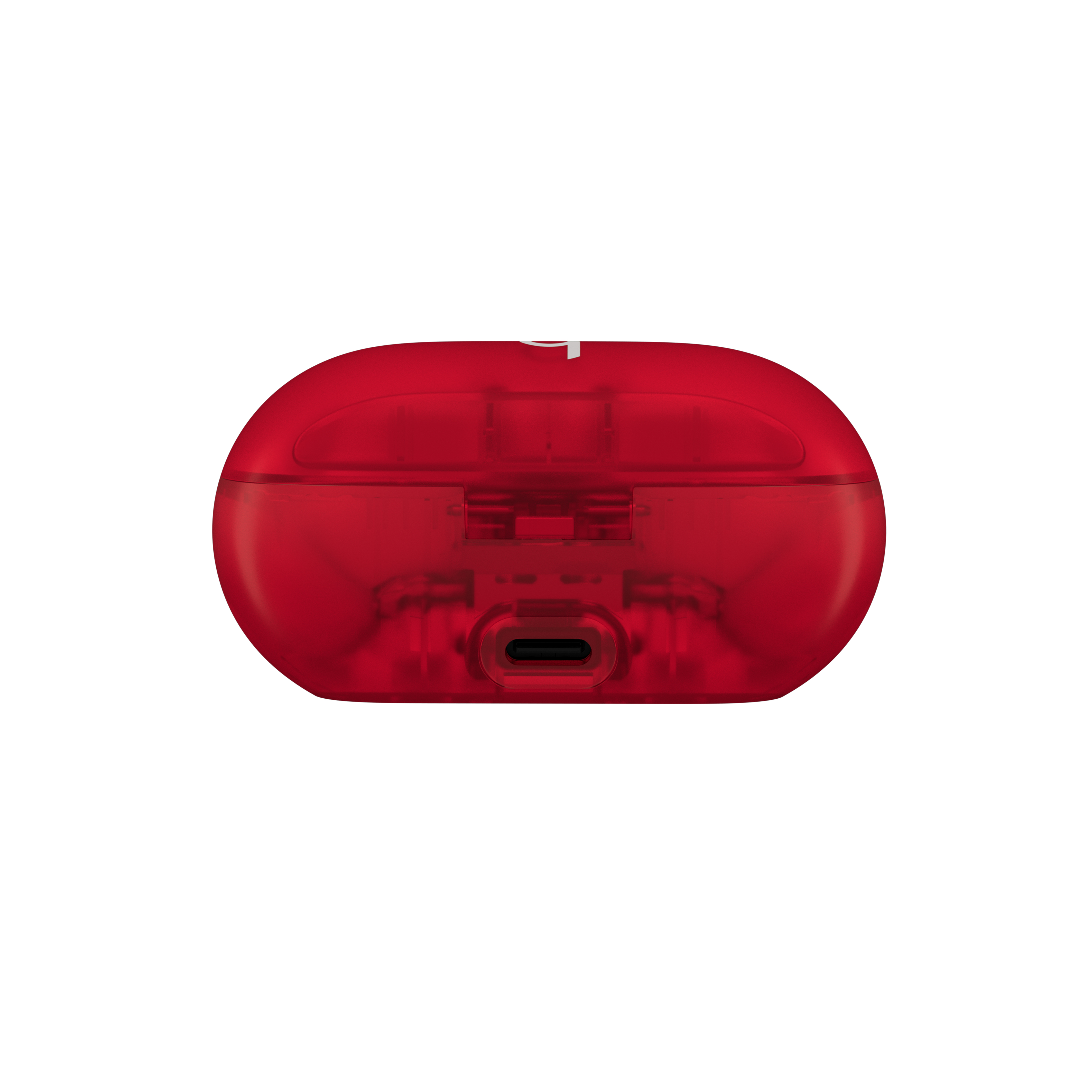Funda roja translúcida para auriculares con puerto de carga, sobre fondo blanco.
