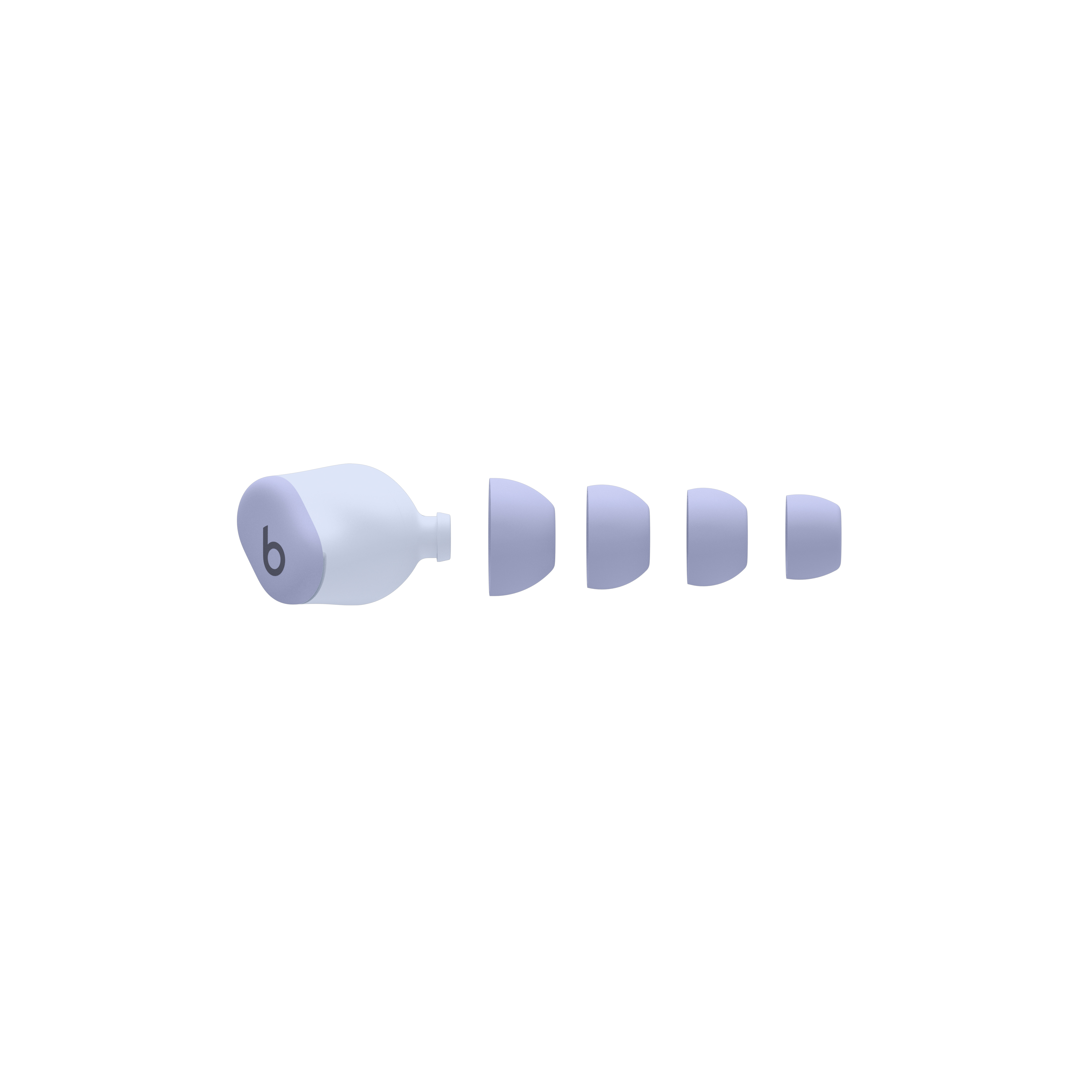 Un juego de auriculares con un estuche de carga. Los auriculares son de color lila claro.