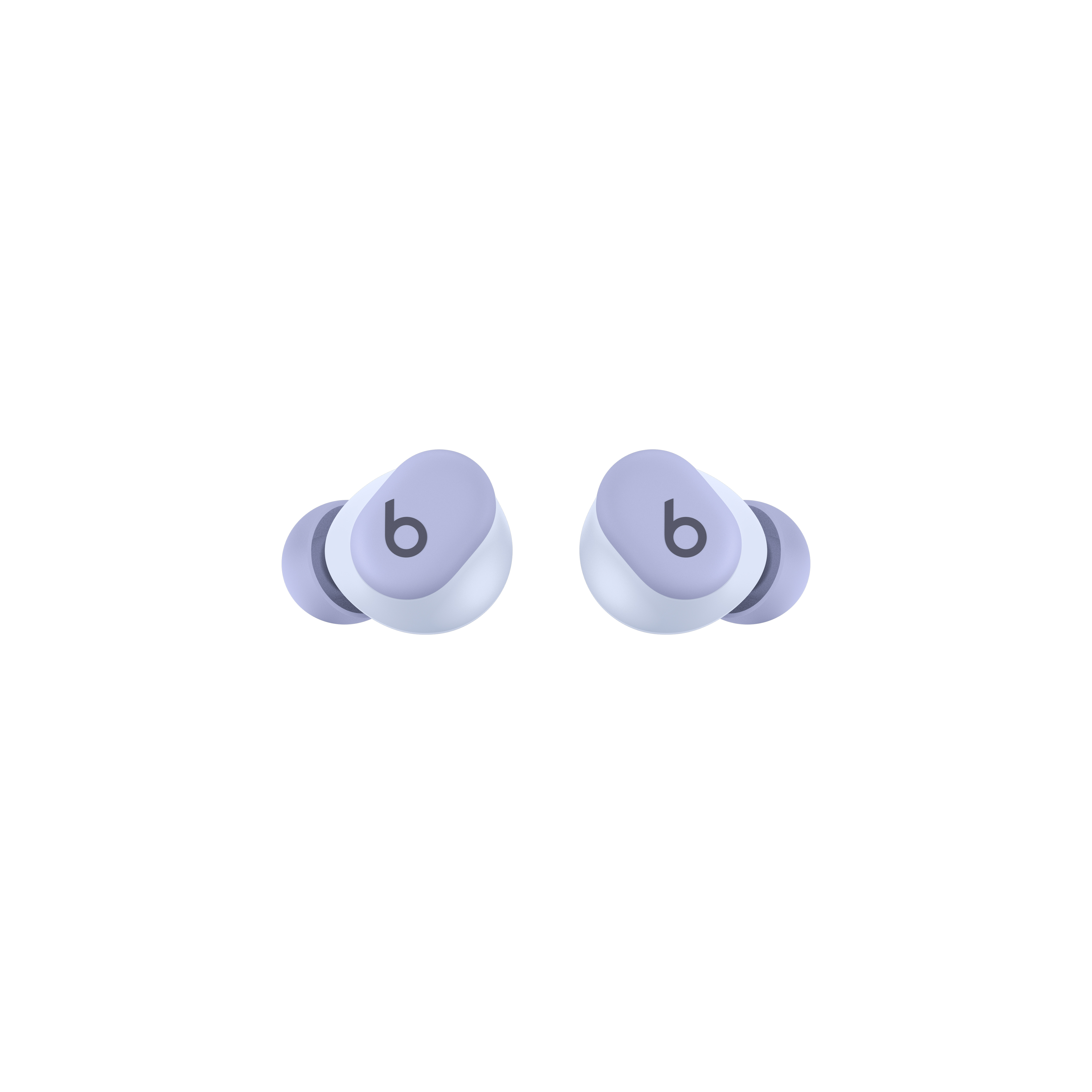 Par de auriculares morados claros, sobre fondo blanco.