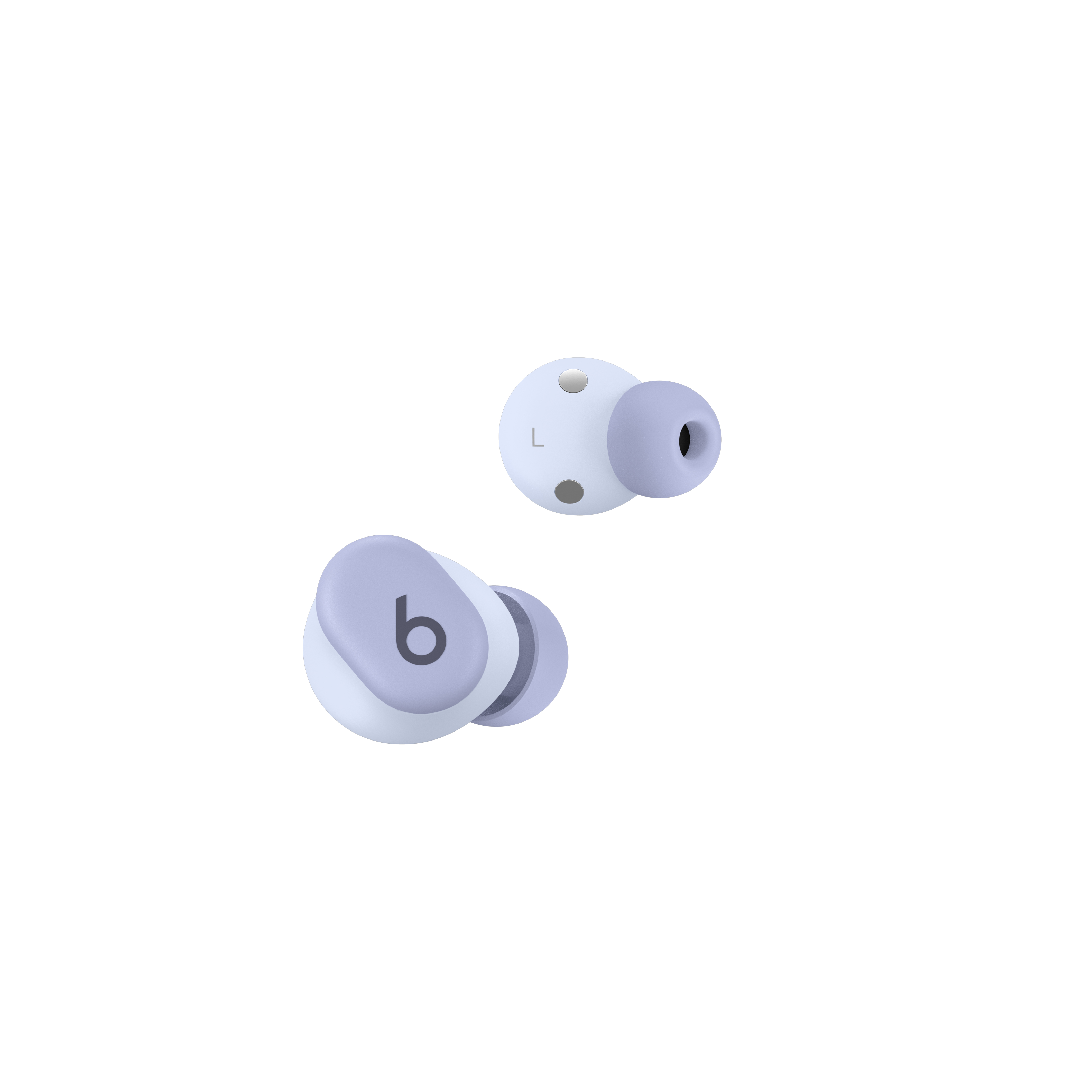 Dos pequeños auriculares blancos y morados sobre fondo blanco.