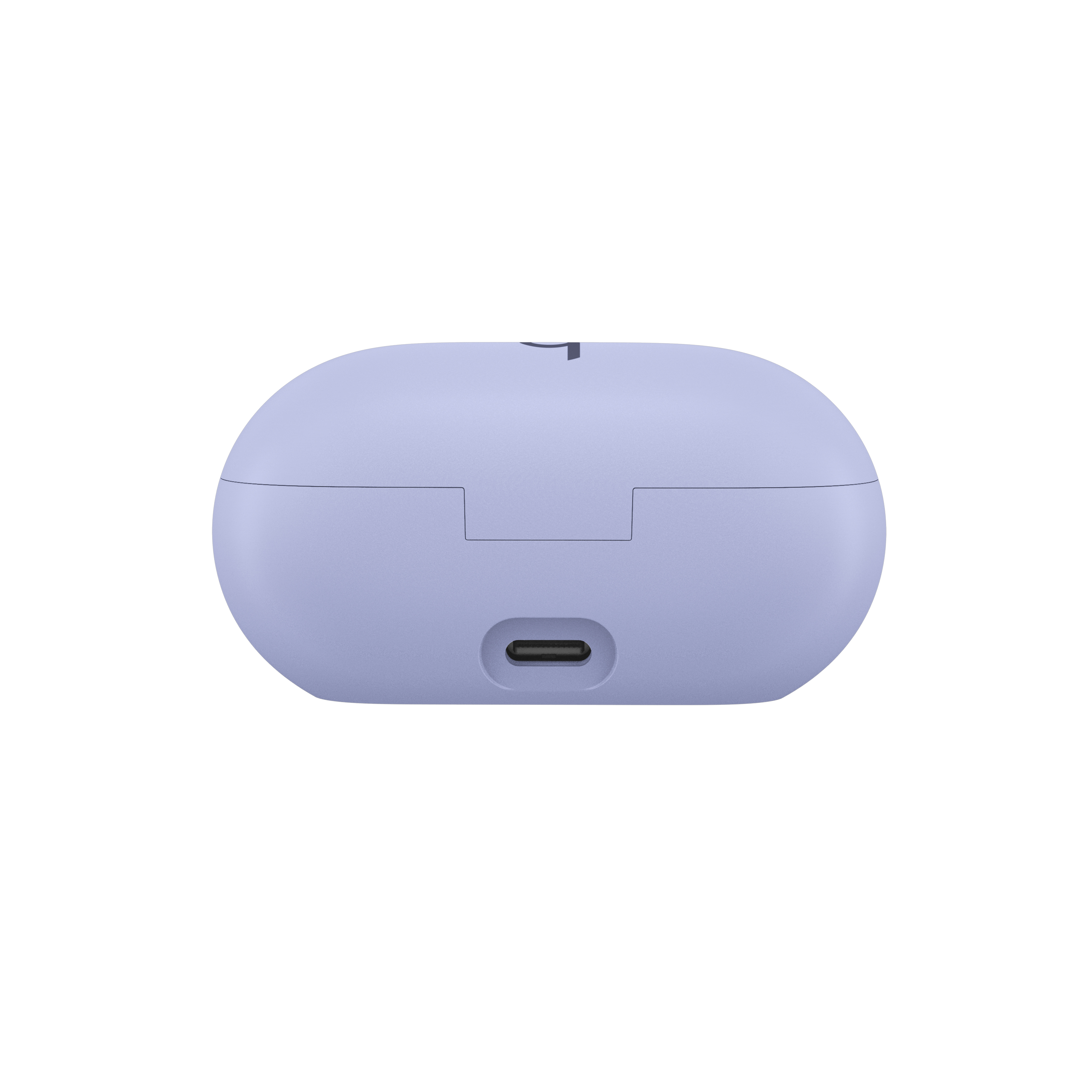 Un estuche de carga lila claro con un puerto USB-C en la parte inferior y un logotipo negro en la parte superior.