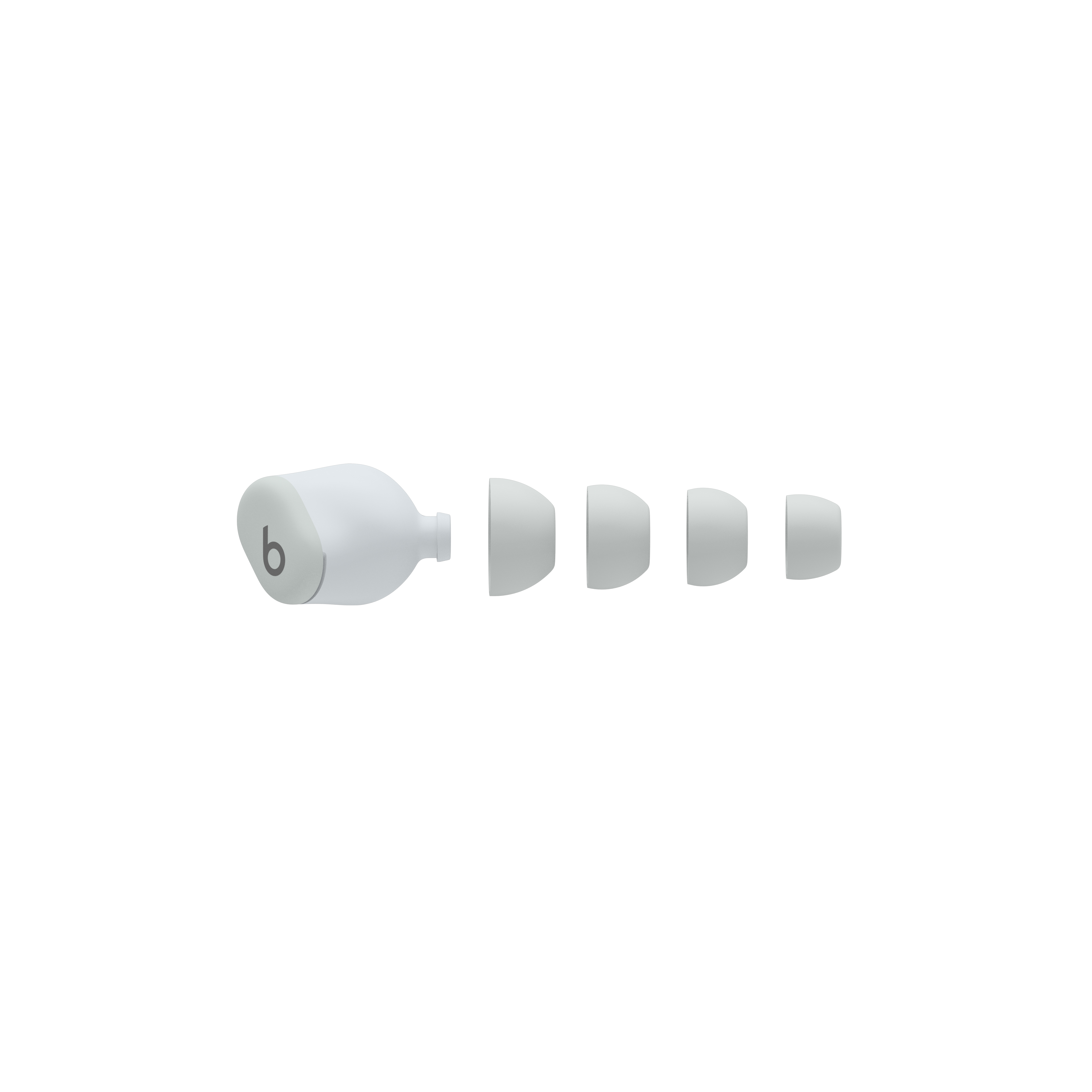 Juego de auriculares blancos con múltiples puntas de silicona y un estuche de carga.
