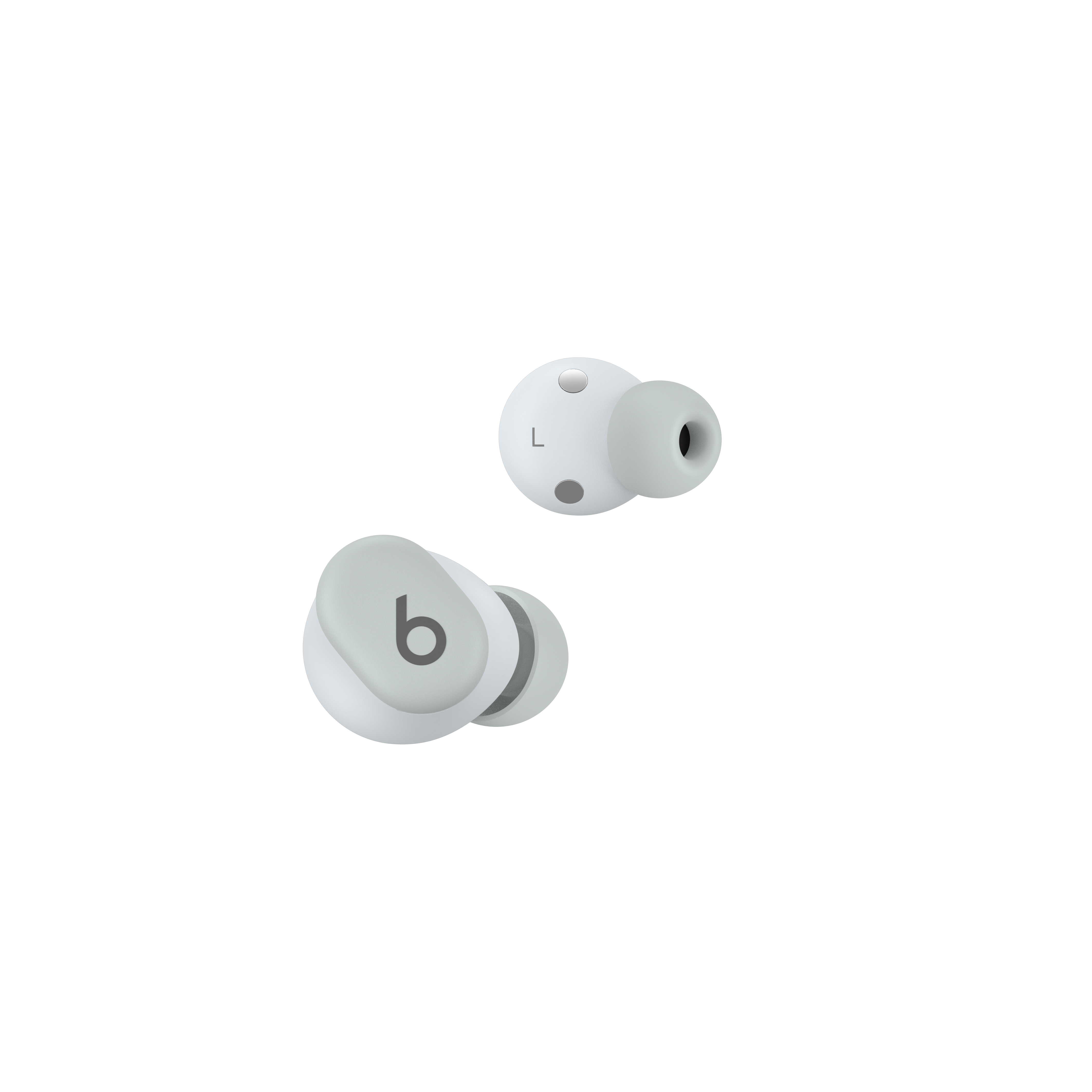 Dos auriculares blancos y grises, uno con la letra 'b' en él, sobre un fondo blanco.