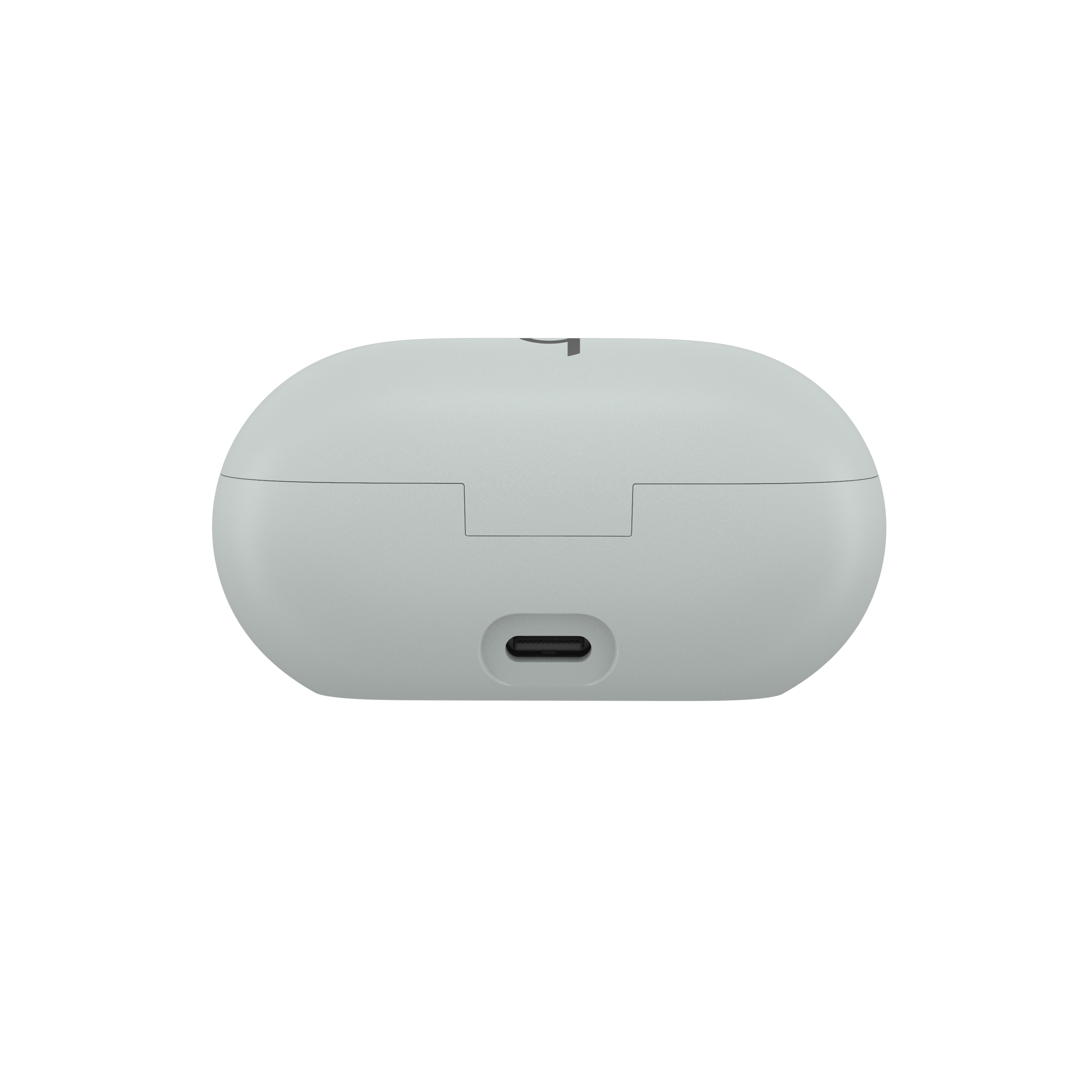 Estuche de carga ovalado gris claro con puerto USB-C.