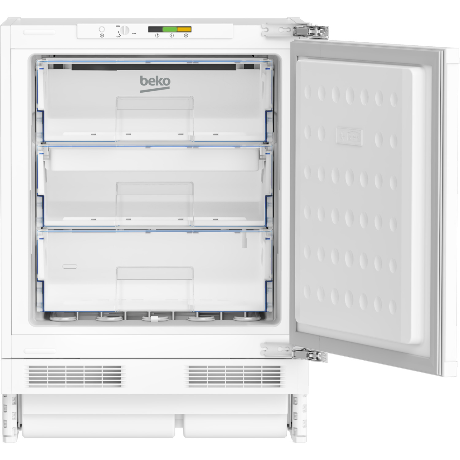 Beko vriezer, open. Drie lades en een deur, met een wit interieur.