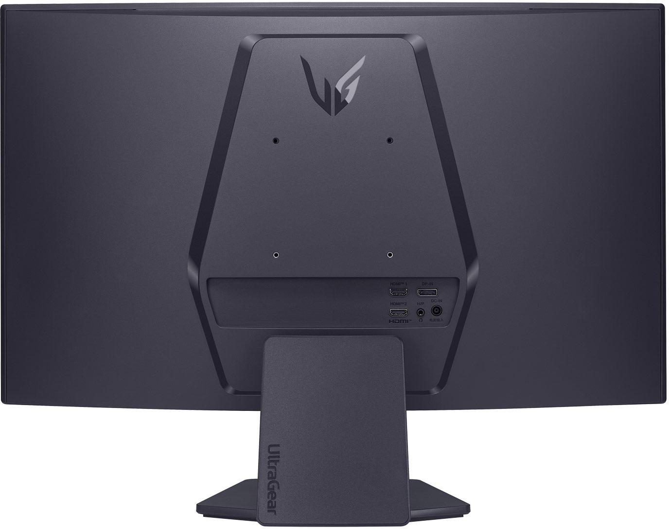 Die Rückseite eines dunkelgrauen LG Ultragear Monitors mit Anschlüssen und einem Ständer. Das Logo ist sichtbar.