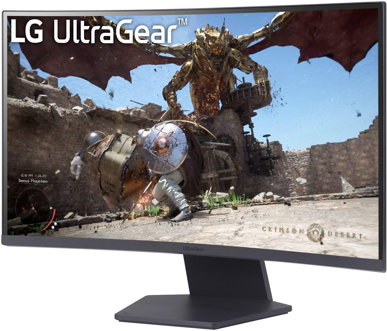 LG UltraGear Monitor zeigt eine Spielszene mit kämpfenden Figuren und einem Drachen. Crimson Desert Text.
